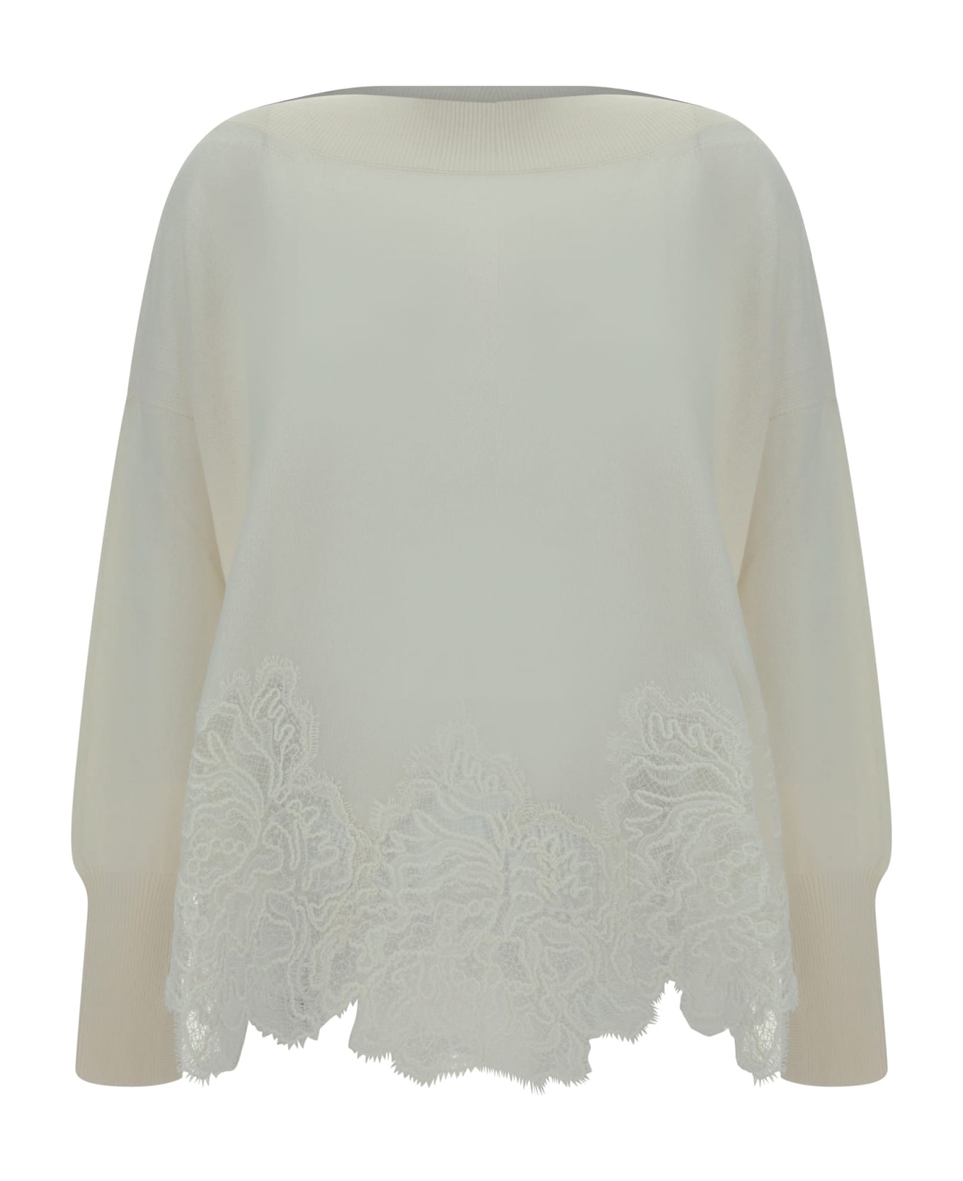 Ermanno Scervino Ivory Boat Neck Sweater With Lace Insert - White Alyssum