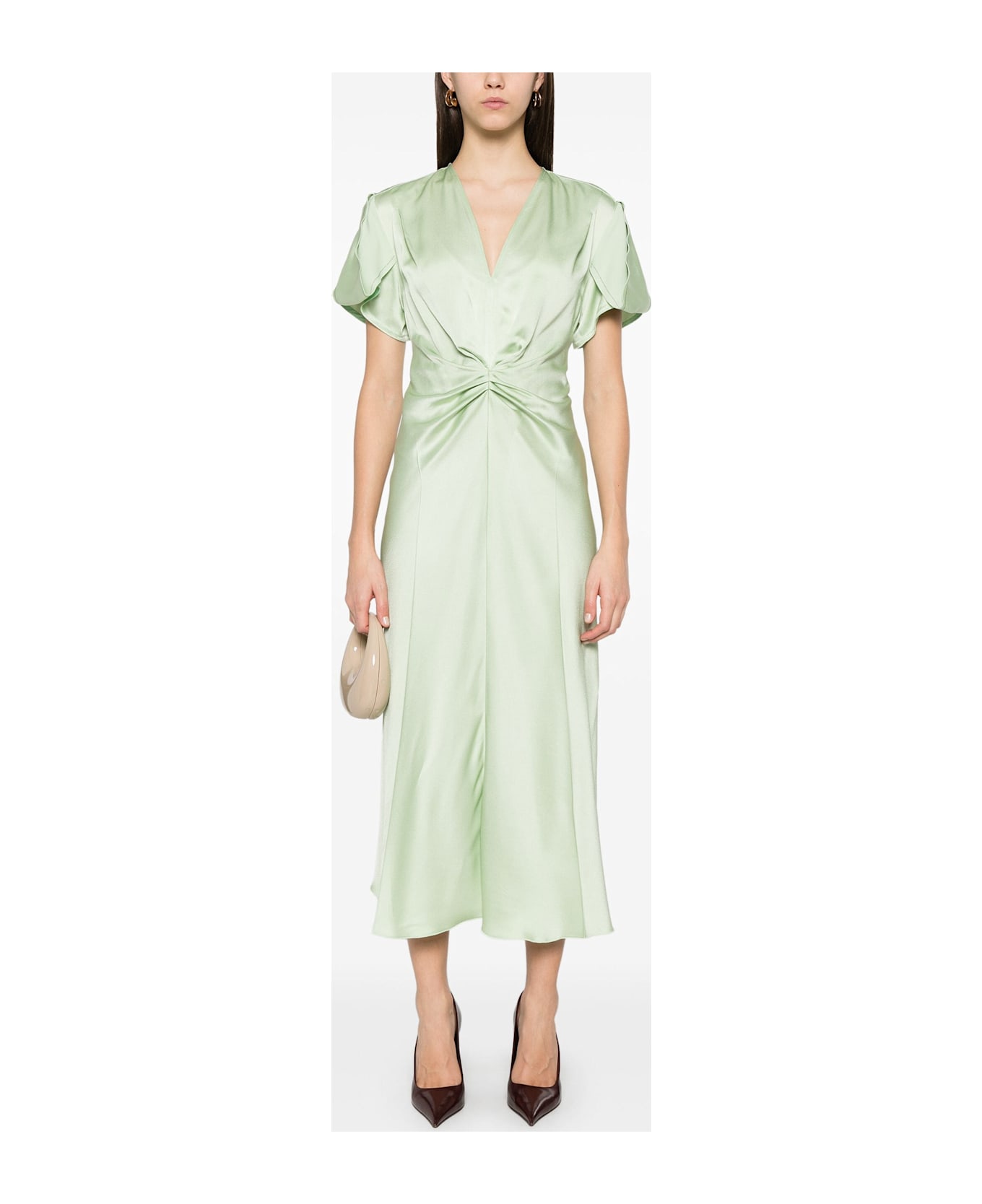 Victoria Beckham Gathered V Neck Midi Dress - Jade