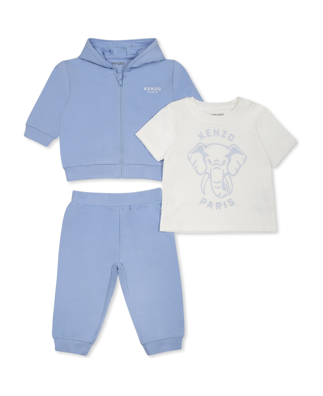 Kenzo Kids Light Blue Suit For Baby Boy With Elephant And Logo - Light Blue