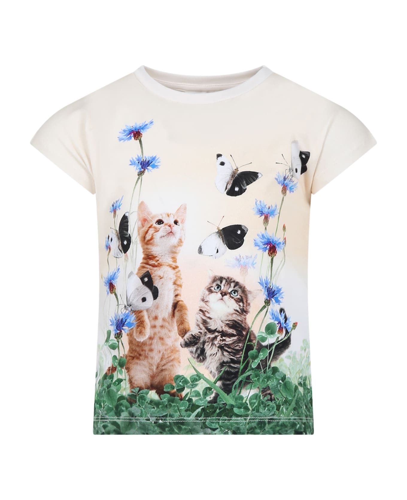 Molo Ivory T-shirt For Girl With Cats Print - Ivory Tシャツ＆ポロシャツ