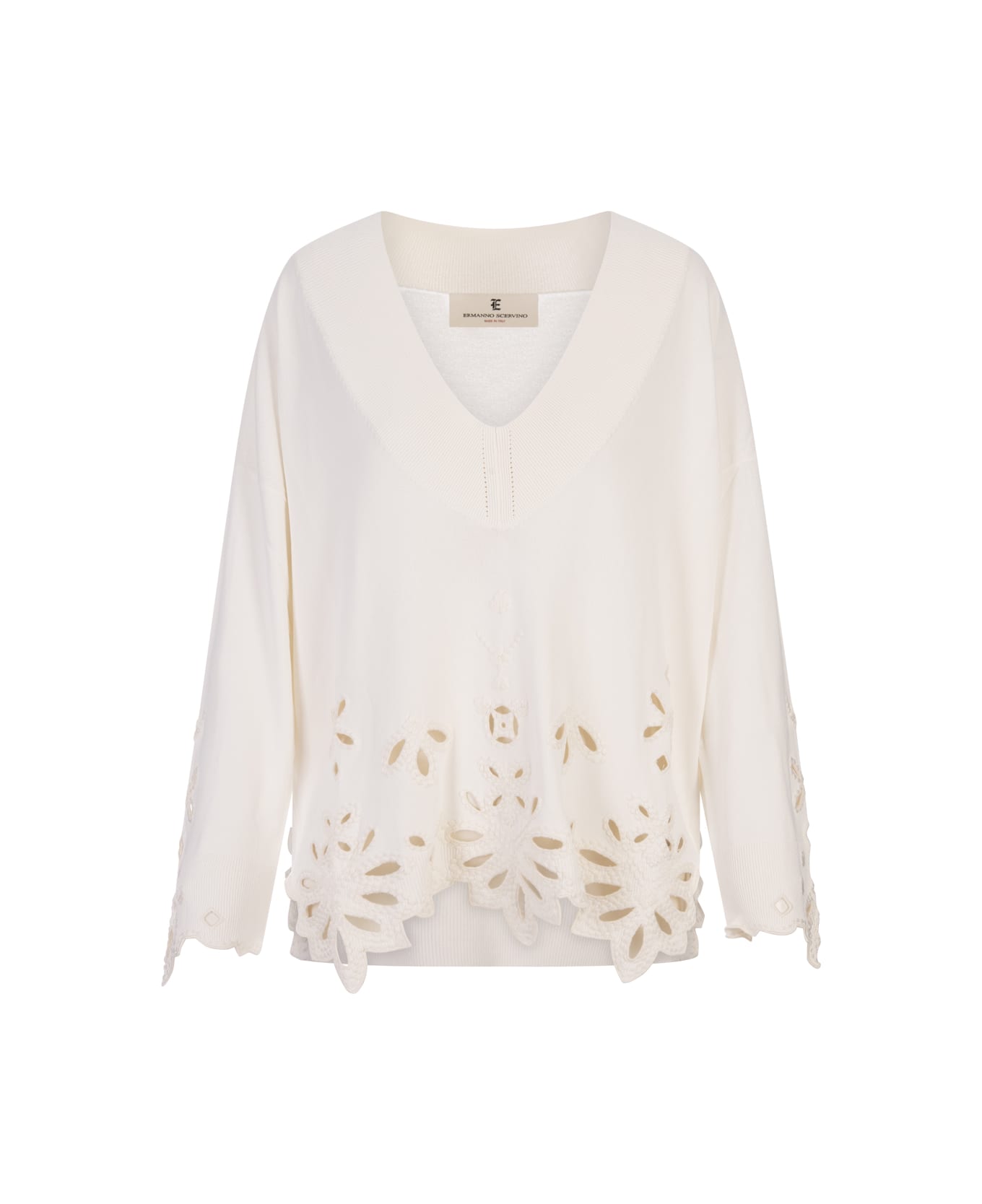 Ermanno Scervino White Over Sweater With V-neck And Lace - White ニットウェア