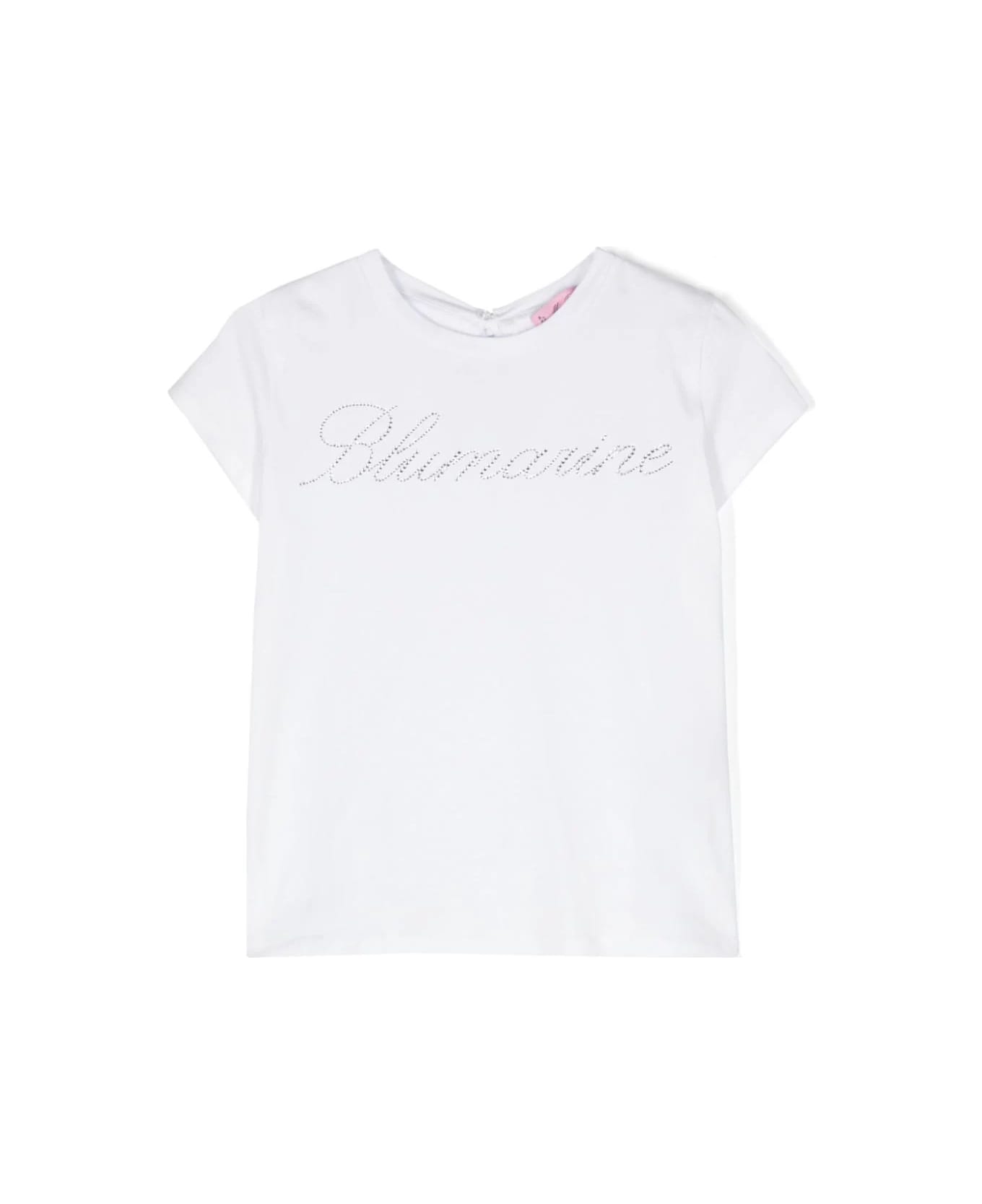 Miss Blumarine White T-shirt With Rhinestone Logo And Ruffle Detail - White
