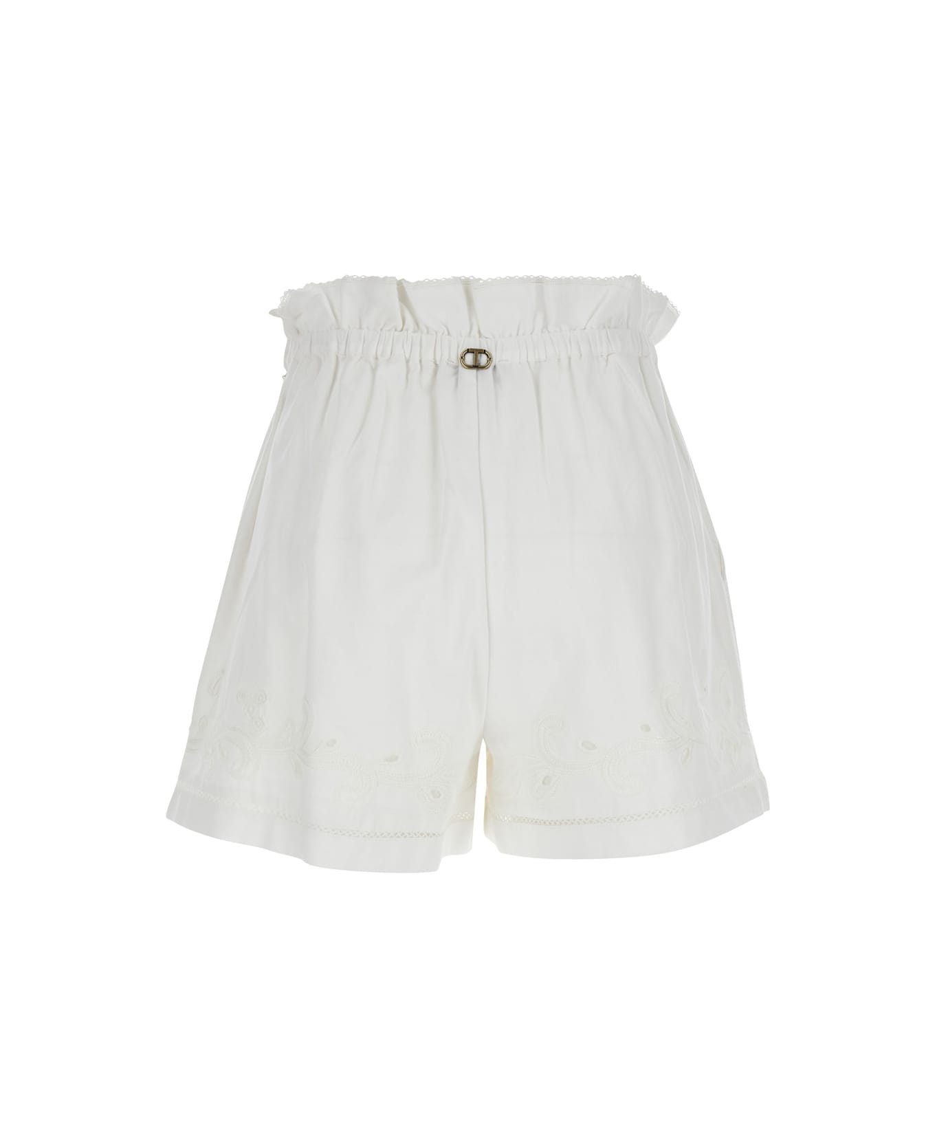 TwinSet White Shorts With Drawstring And Embroideries In Cotton And Linen Woman - White