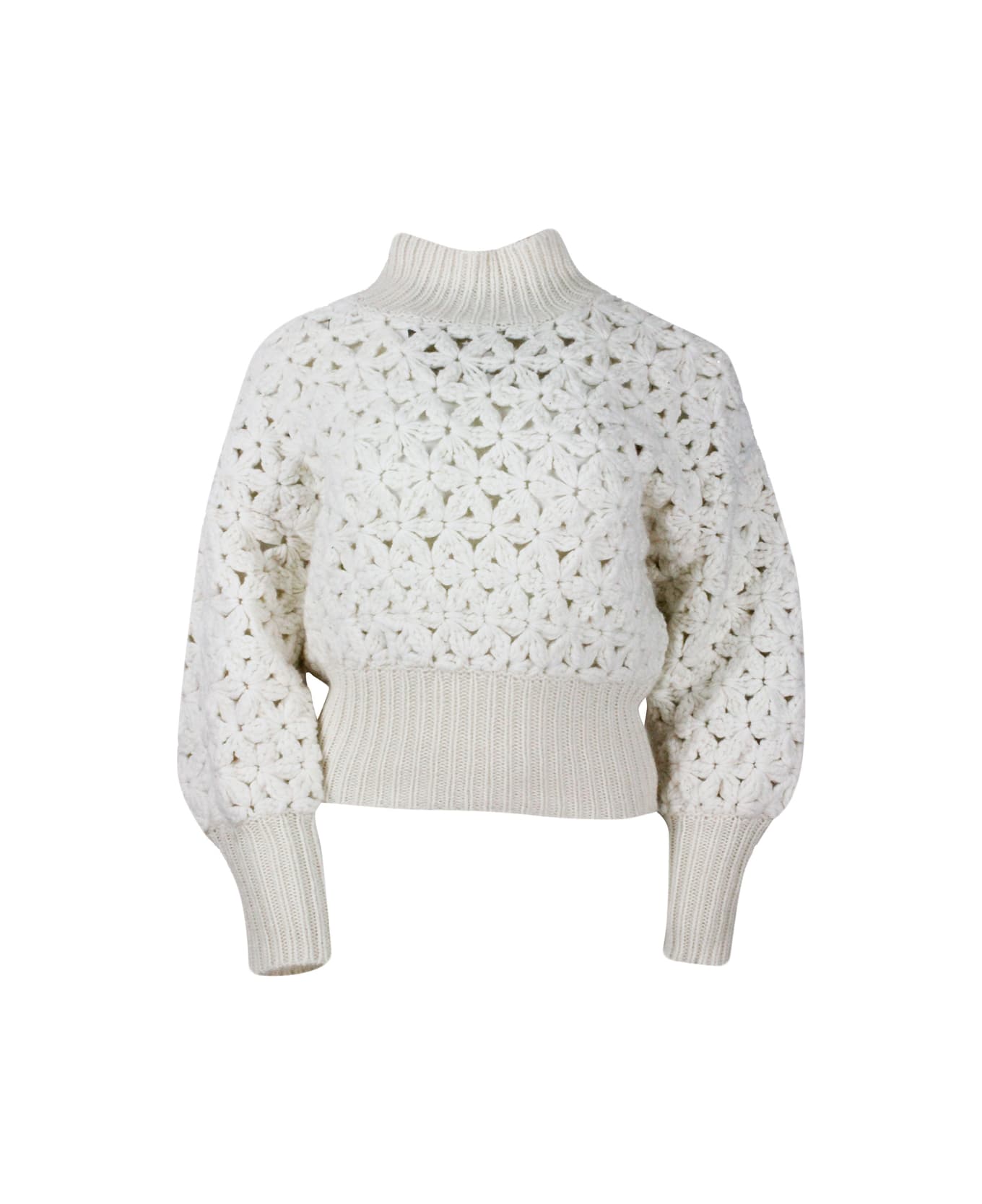 Fabiana Filippi Long-sleeved High-neck Sweater In Soft And Precious Wool, Silk And Cashmere With Flower Processing And Hand-made And Embellished With Micro-sequins - White