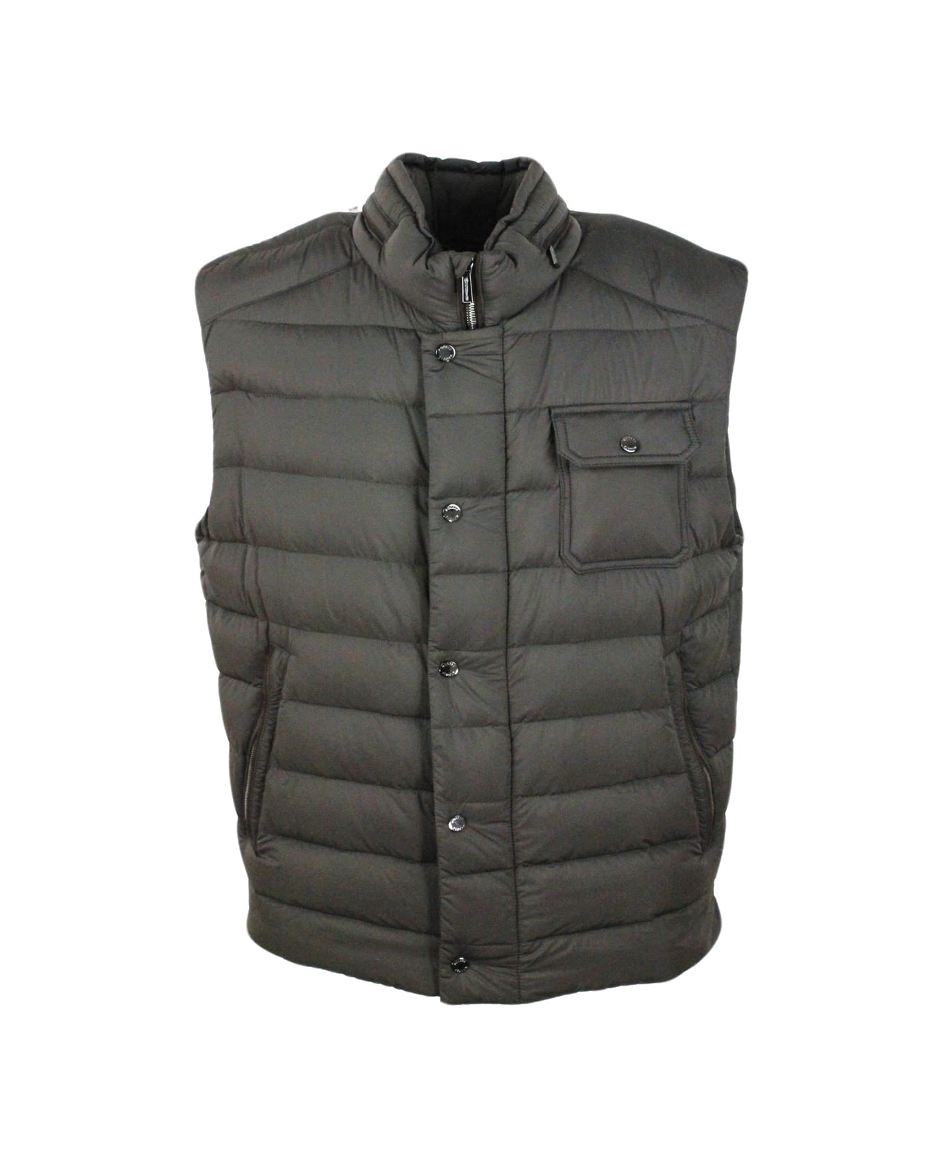 Moorer Sleeveless Vest Padded With Real Goose Down With Concealed Hood And Front Zip And Button Closure - Military ベスト