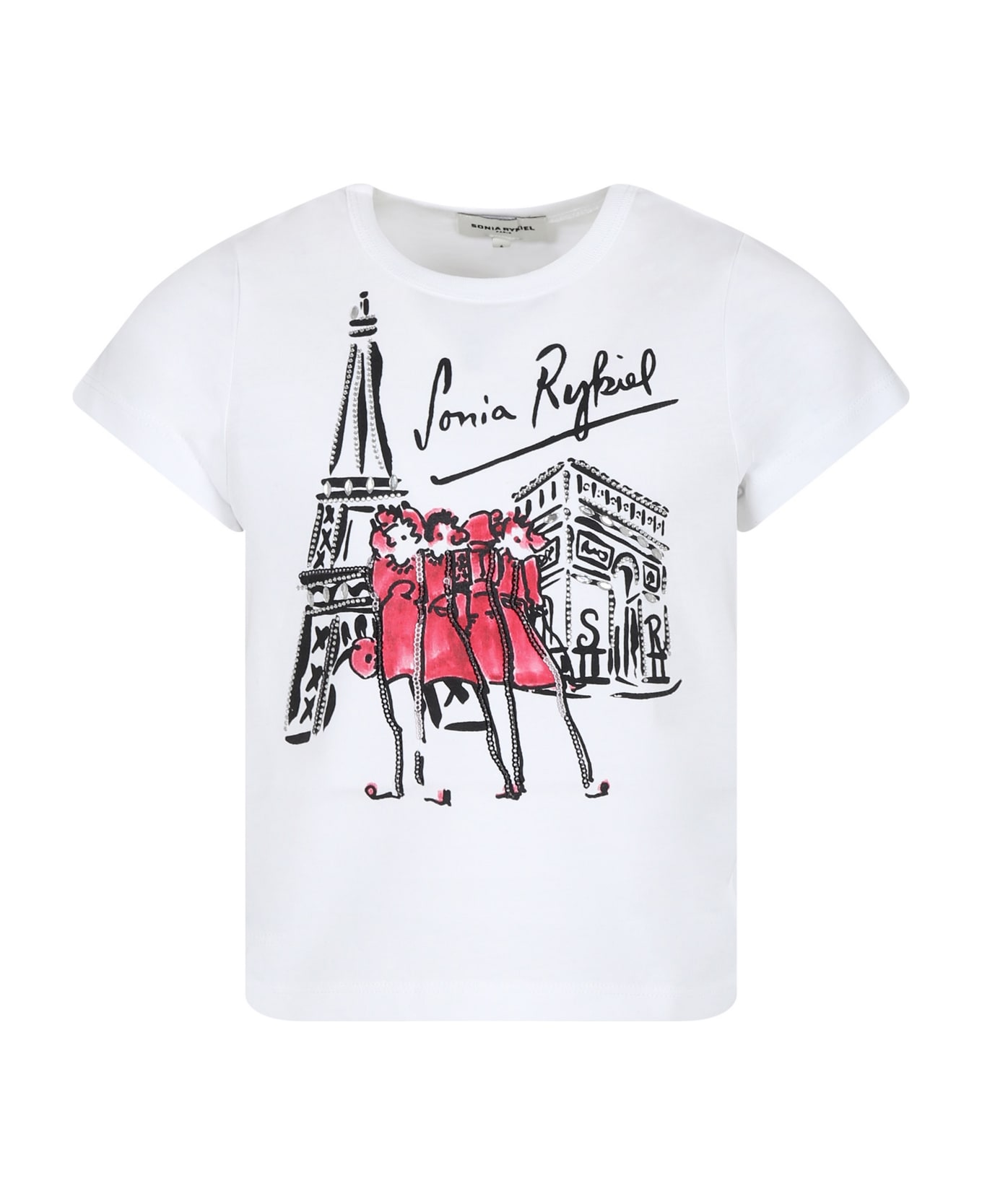 Rykiel Enfant White T-shirt For Girl With Tour Eiffel Print And Rhinestones - Ivory