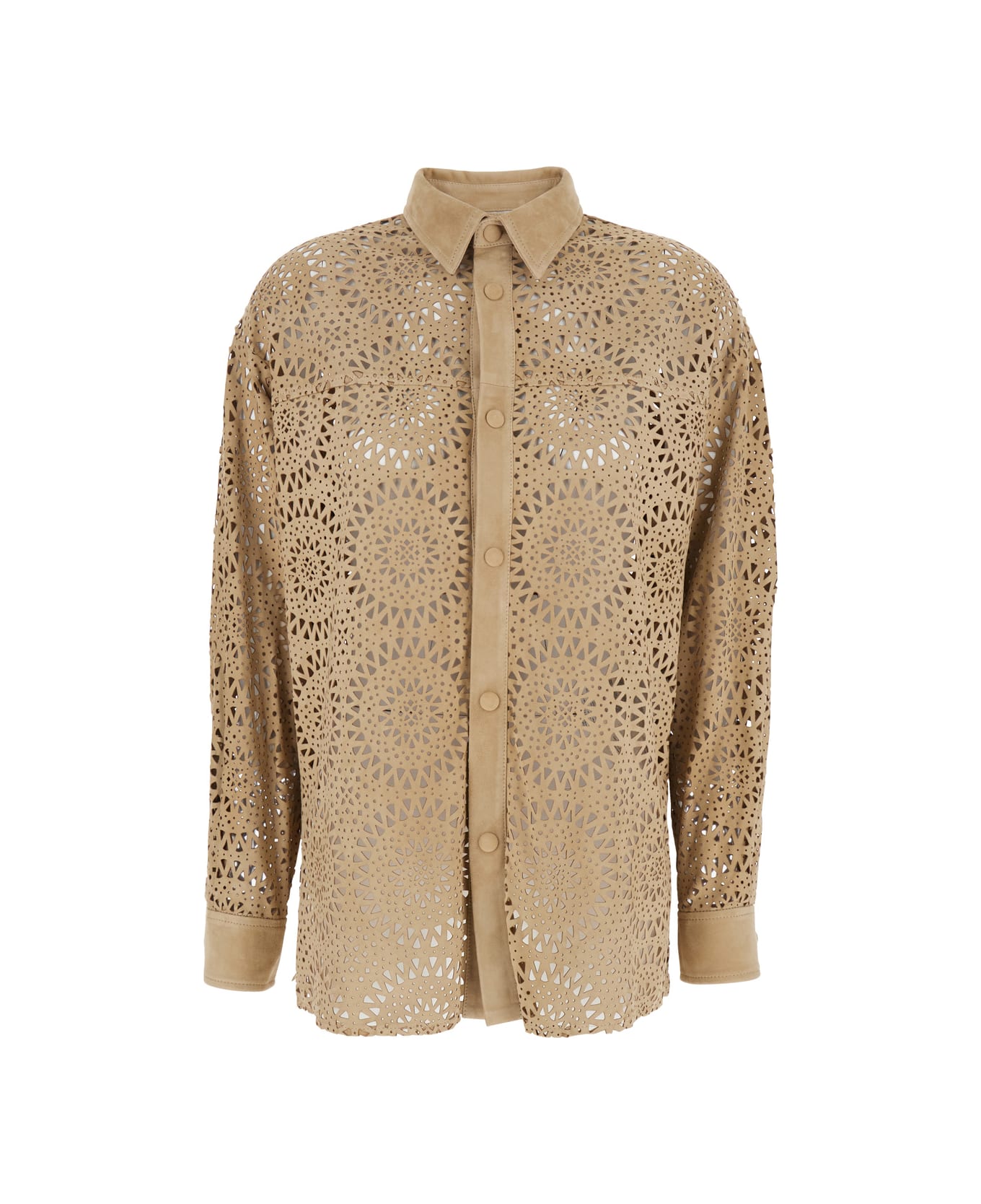 Eleventy Beige Shirt With Classic Collar And All-over Perforated Motif In Suede Woman - Beige