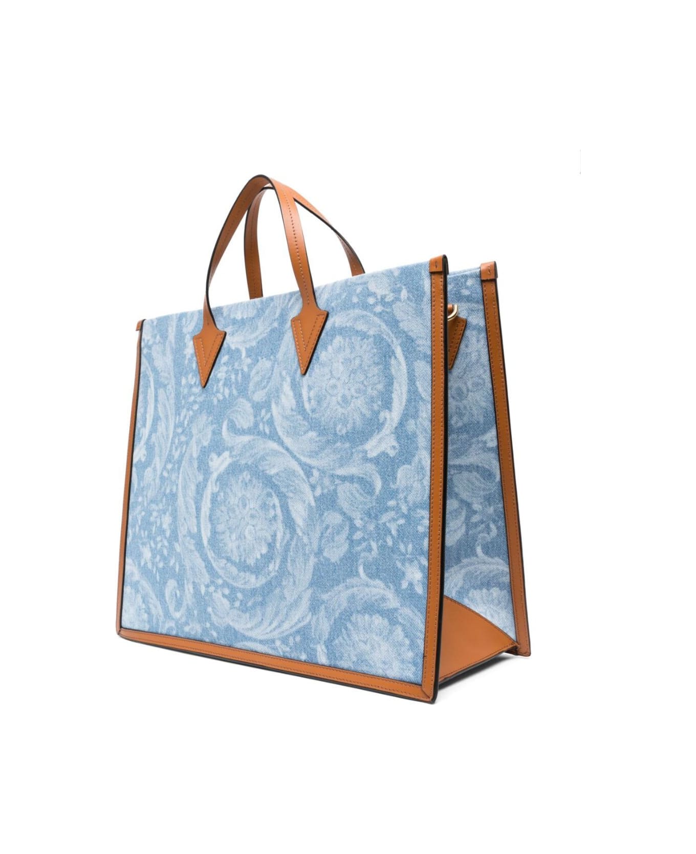 Versace Tote Bag With All-over Logo Print In Light Blue Canvas Man - Light blue