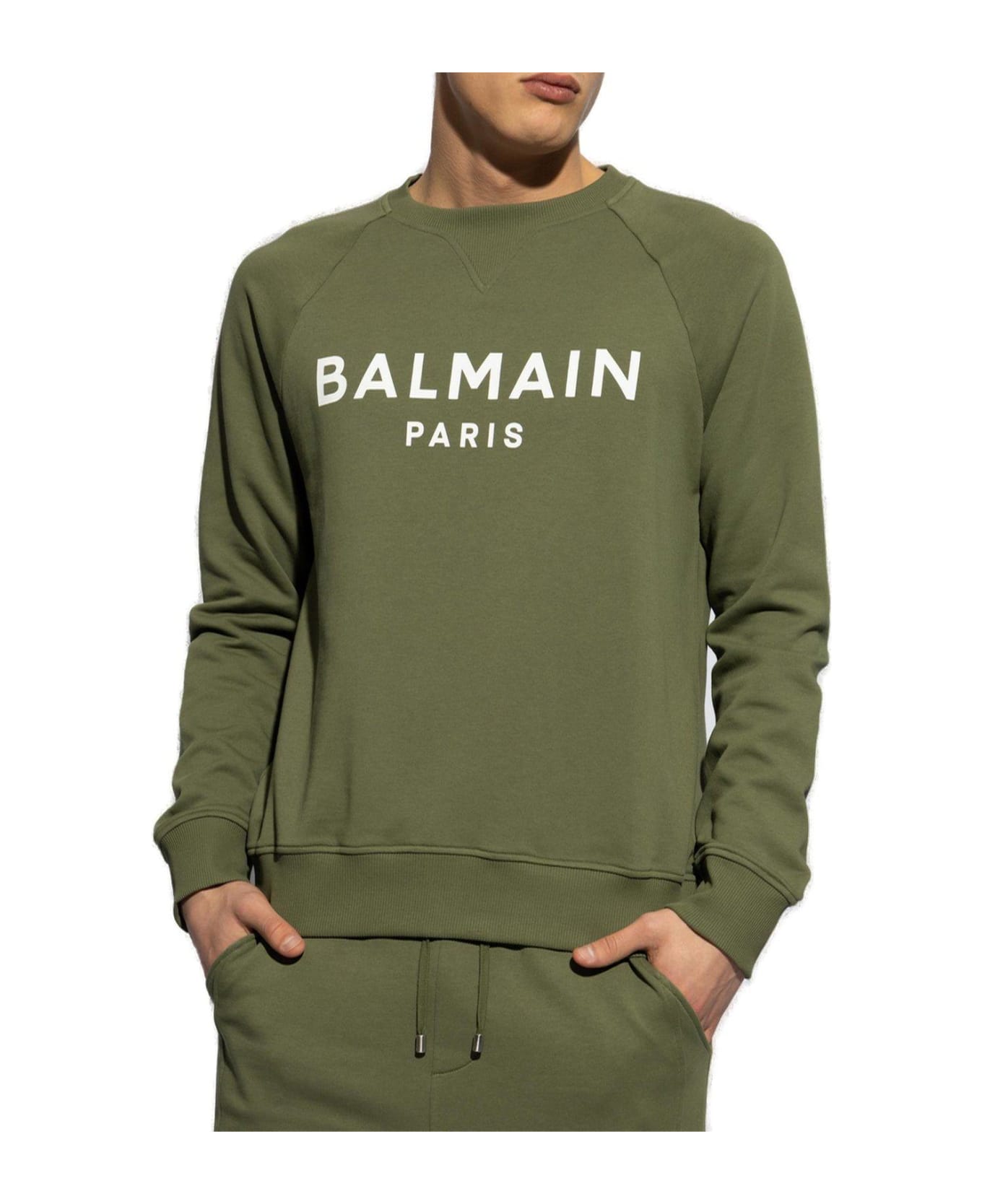 Balmain Logo Printed Crewneck Sweatshirt - Verde フリース