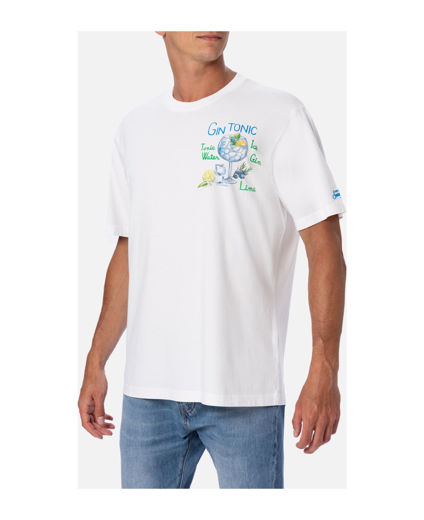 MC2 Saint Barth Man Cotton T-shirt With Gin Tonic Print And Embroidery - WHITE