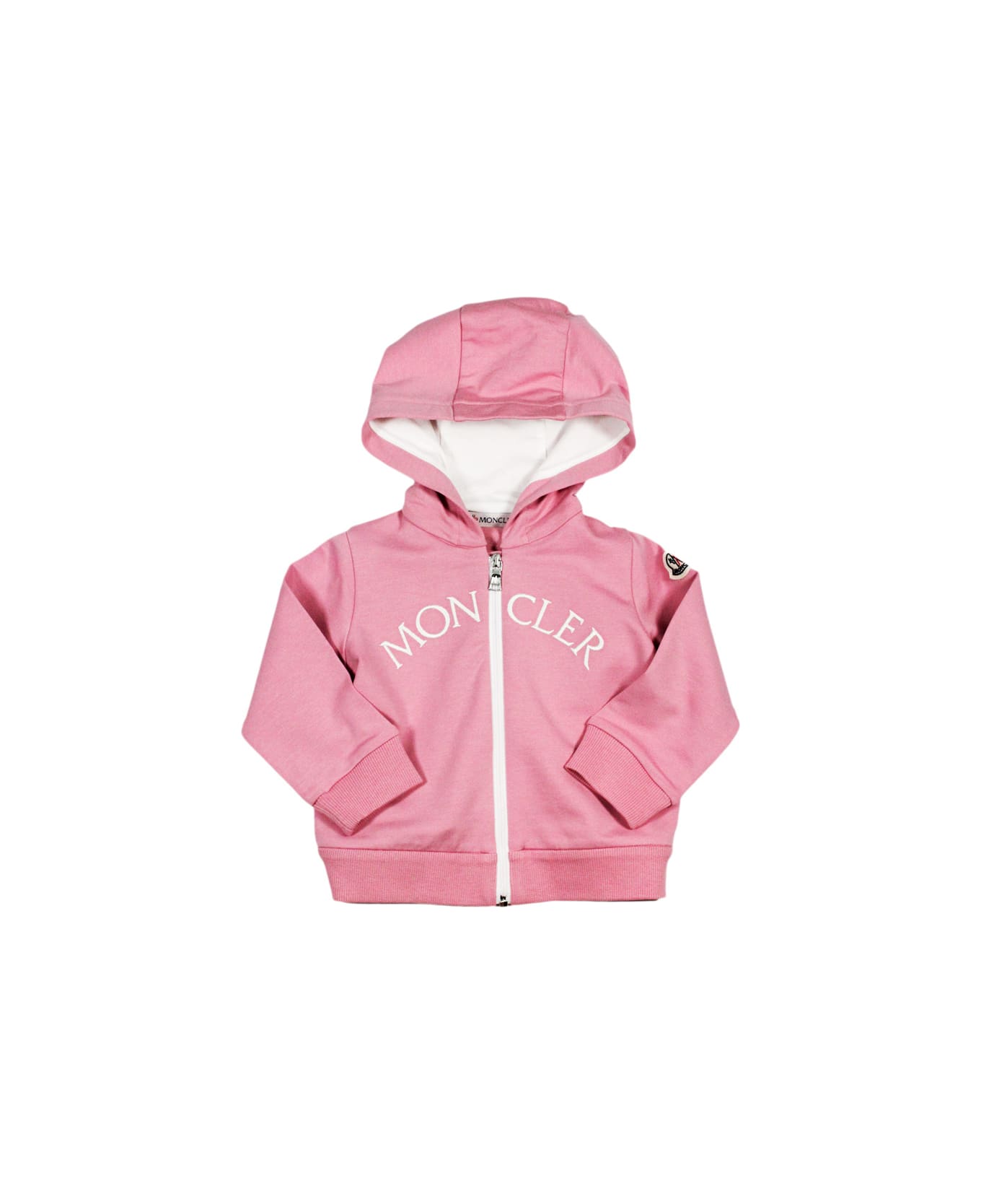 Moncler Cotton Sweatshirt With Zip And Hood And Logo Lettering On The Front - Pink