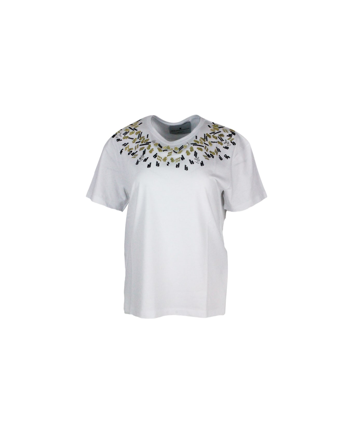 Ermanno Scervino Short-sleeved Round-neck Cotton T-shirt Embellished With Applied Crystals - White