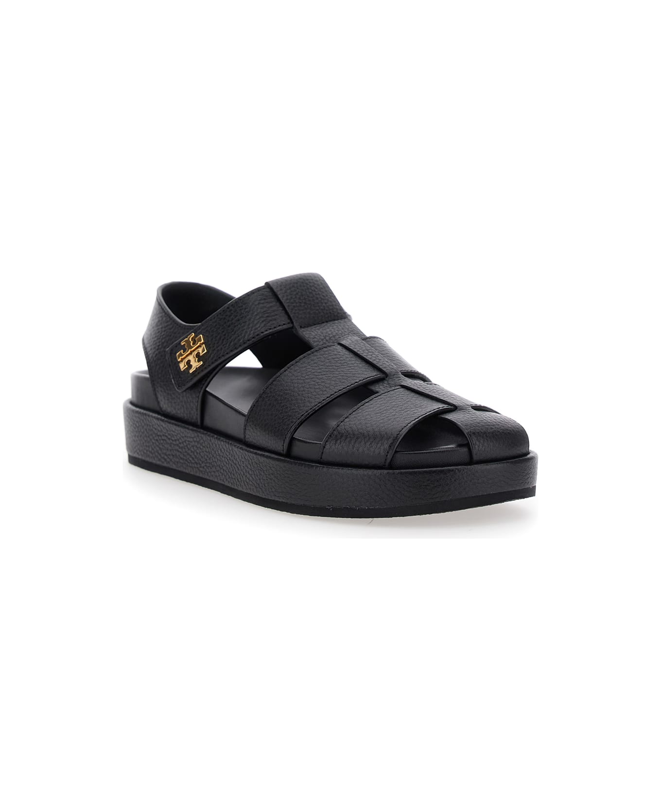 Tory Burch 'kira' Black Sandals With Logo Plaque In Grained Leather Woman - Black
