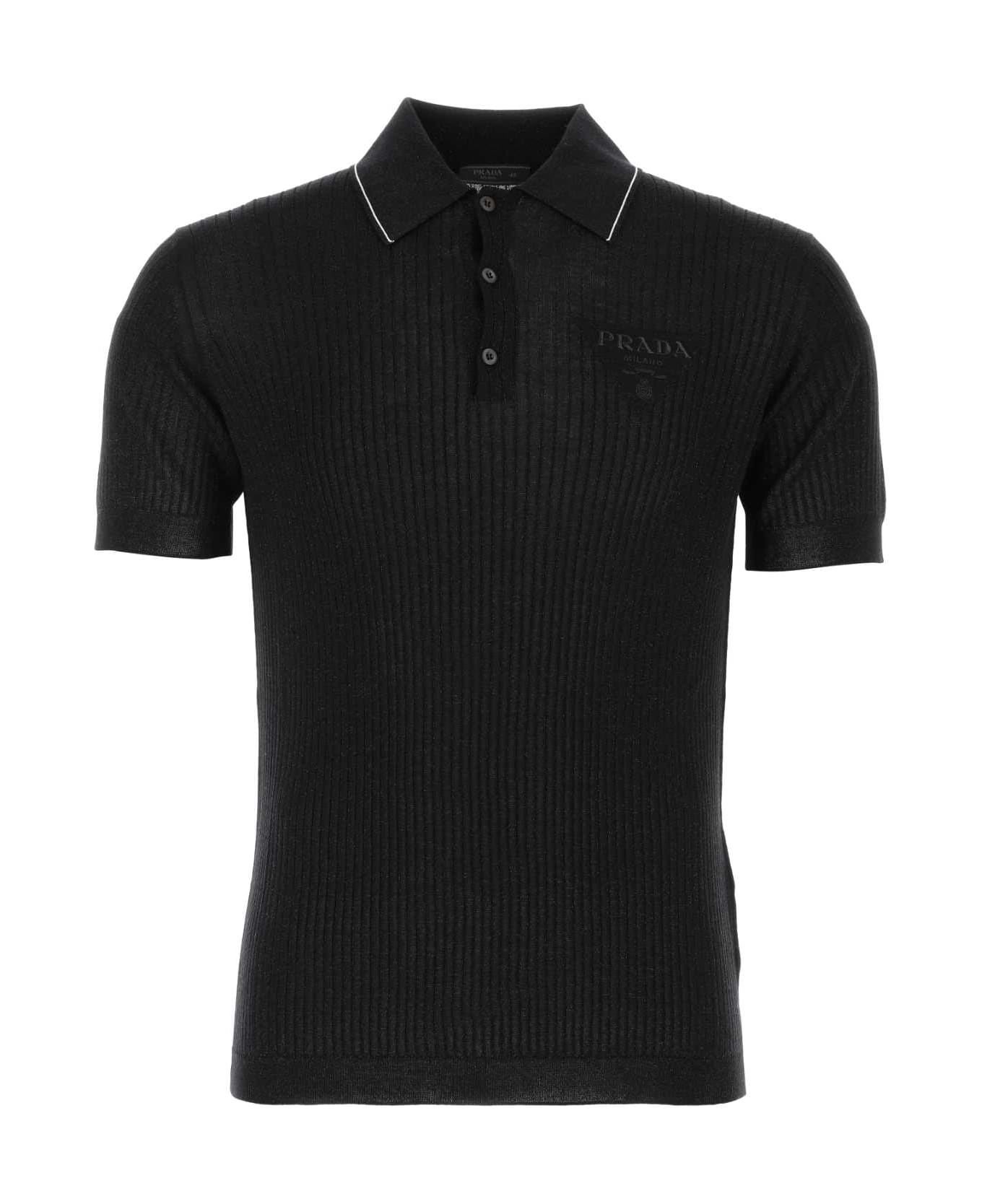 Prada Black Wool Blend Polo Shirt - Black
