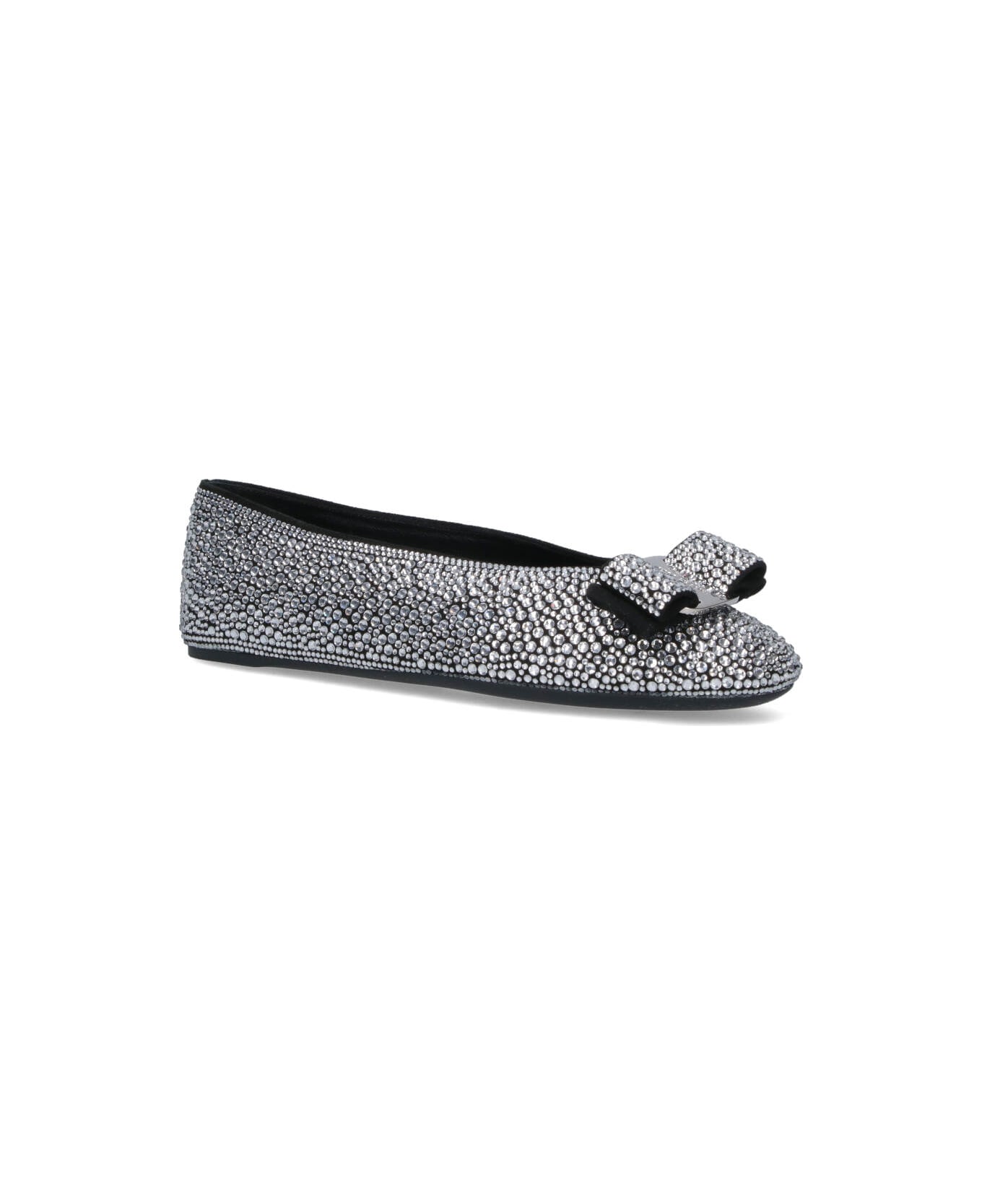 Ferragamo Ballet Flats With Rhinestones - BLACK/WHITE フラットシューズ