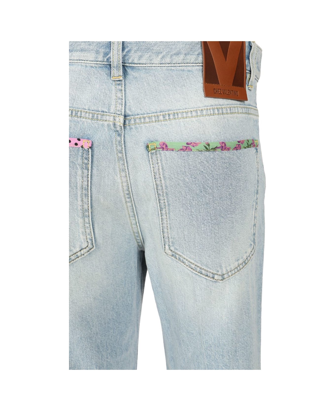 Valentino Denim Trousers With Embroidered Flower Trim - BLUE