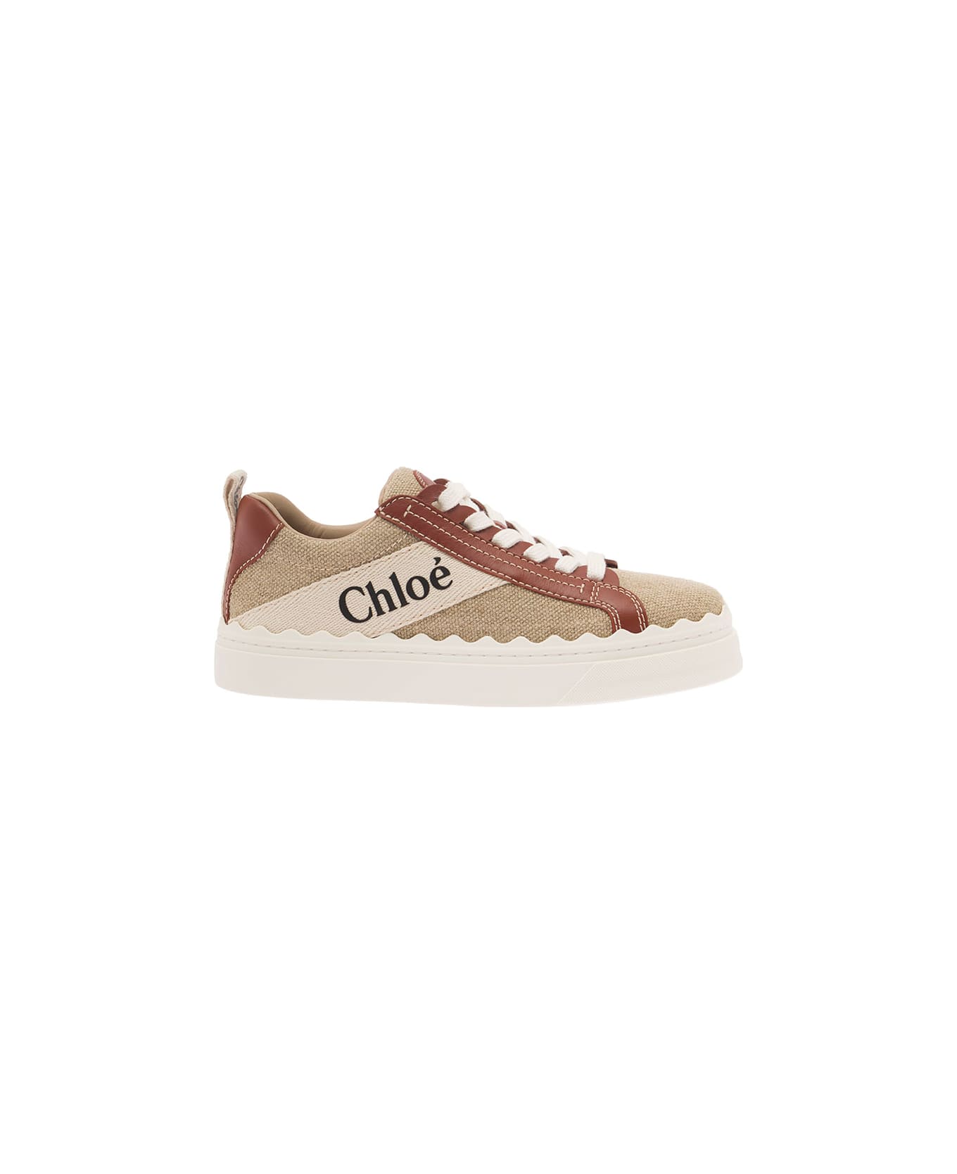 Chloé 'lauren' Beige Low Top Sneakers With Logo Detail And Brown Leather Trim In Canvas Woman - Brown