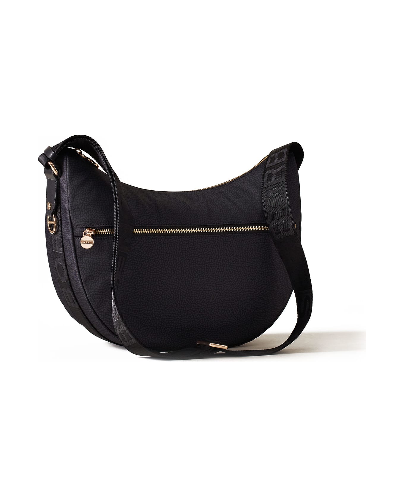 Borbonese Luna Hobo Middle Shoulder Bag In Black Op Fabric - DARK BLACK