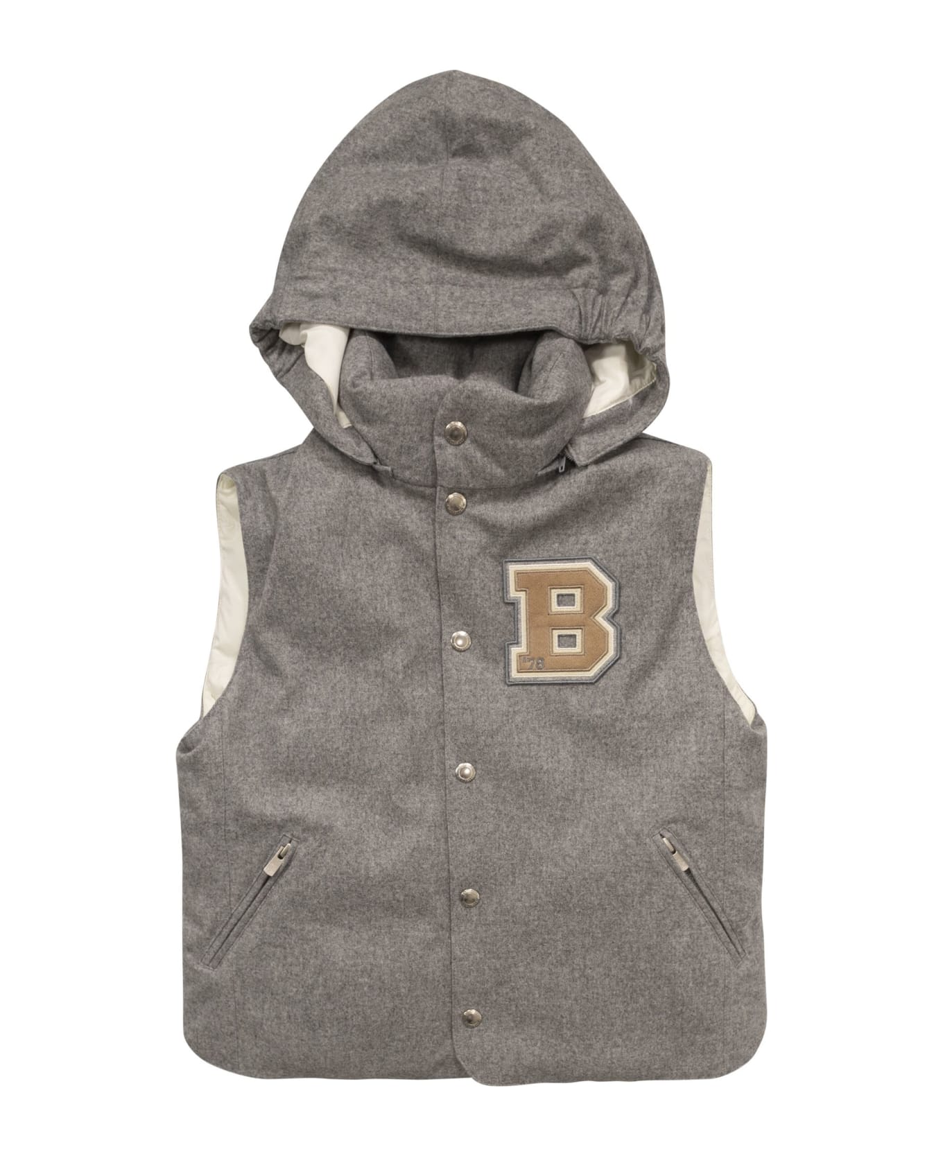 Brunello Cucinelli Sleeveless Down Jacket In Membraned Wool Flannel With Detachable Hood And Patch - Grey