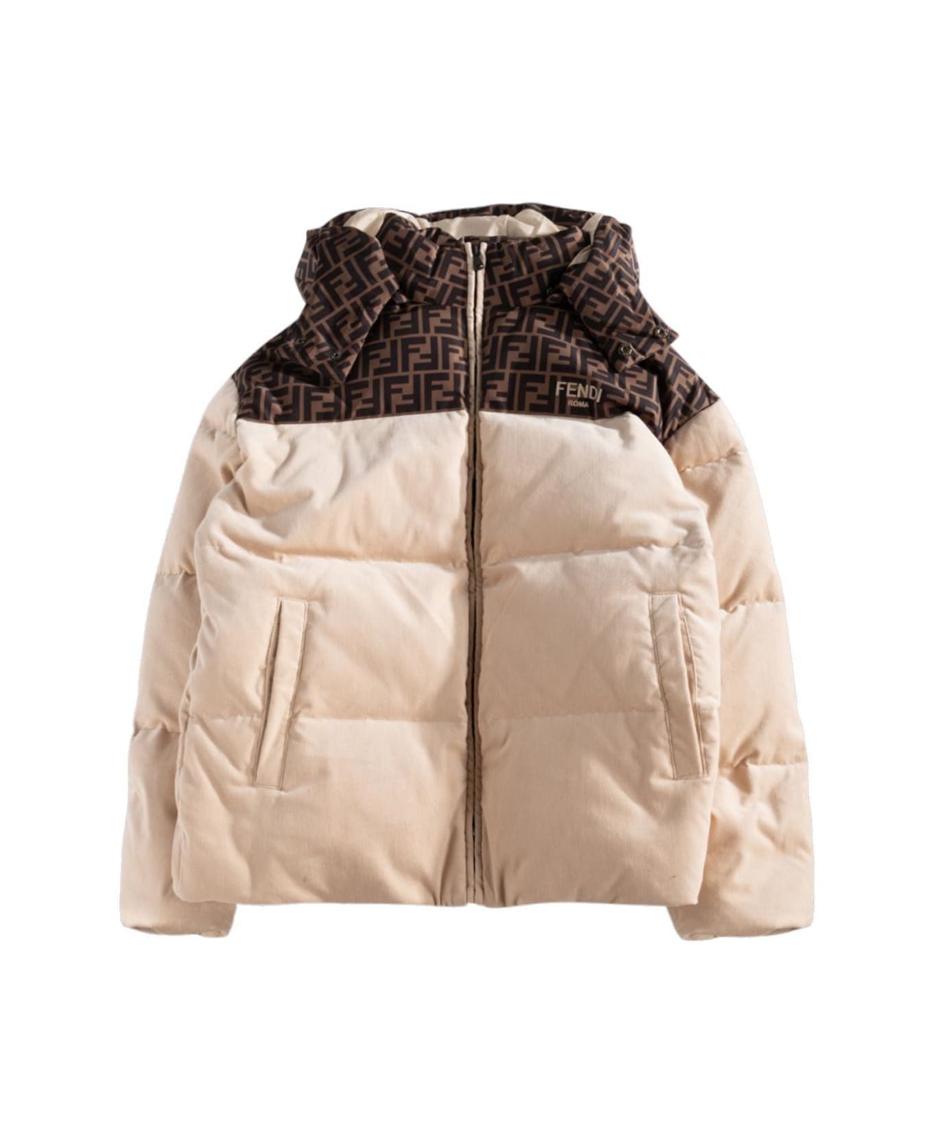 Fendi Logo Printed Hooded Jacket - Beige