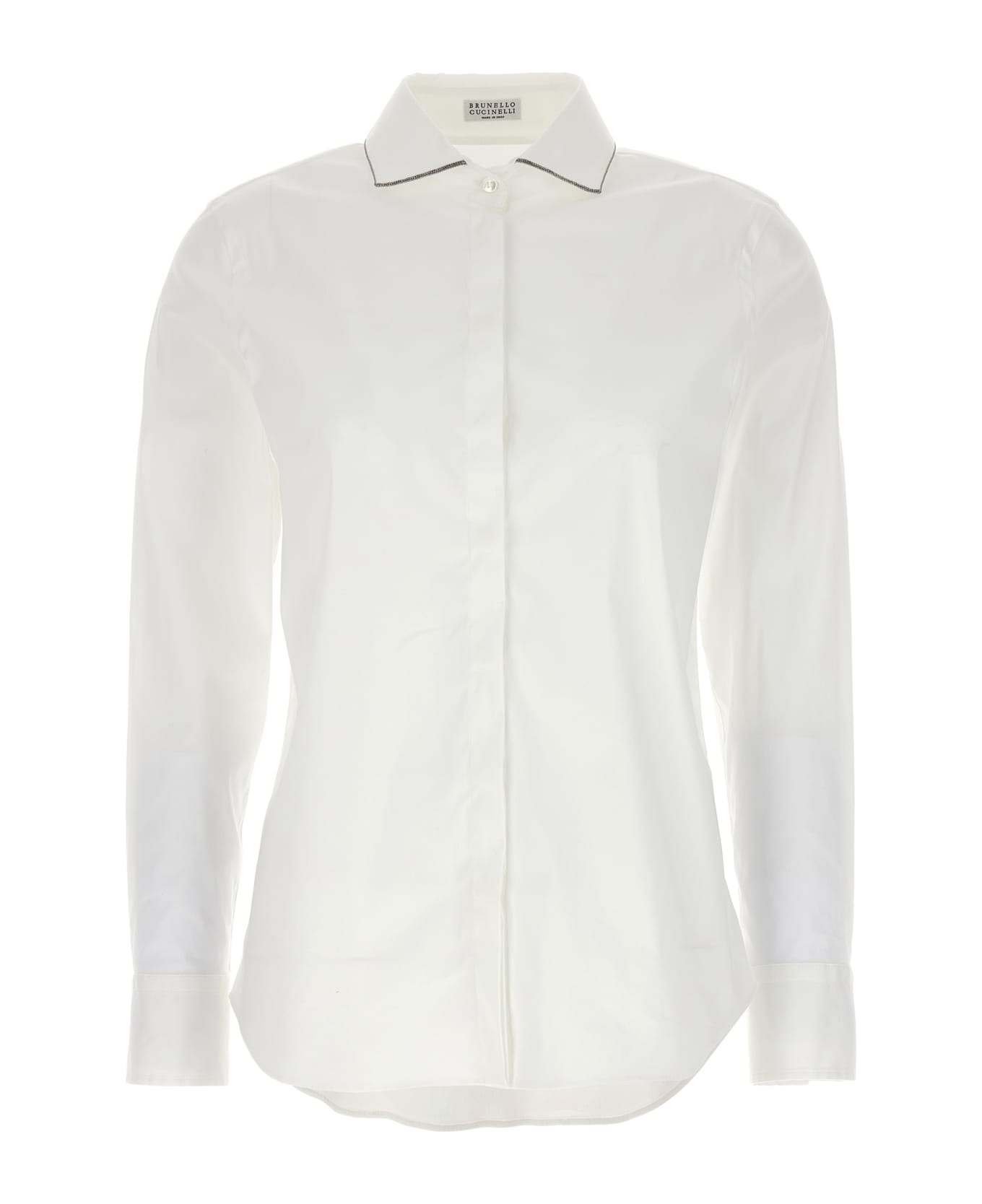 Brunello Cucinelli Stretch Cotton Poplin Shirt With 'shiny Collar Trim' - BIANCO