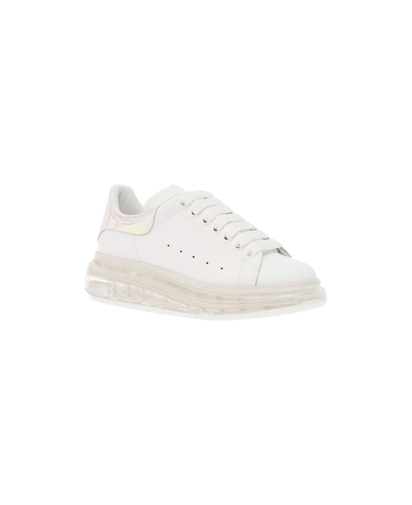 Alexander McQueen Woman's Oversize White Leather Sneakers With Multicolor Heel Tab - White