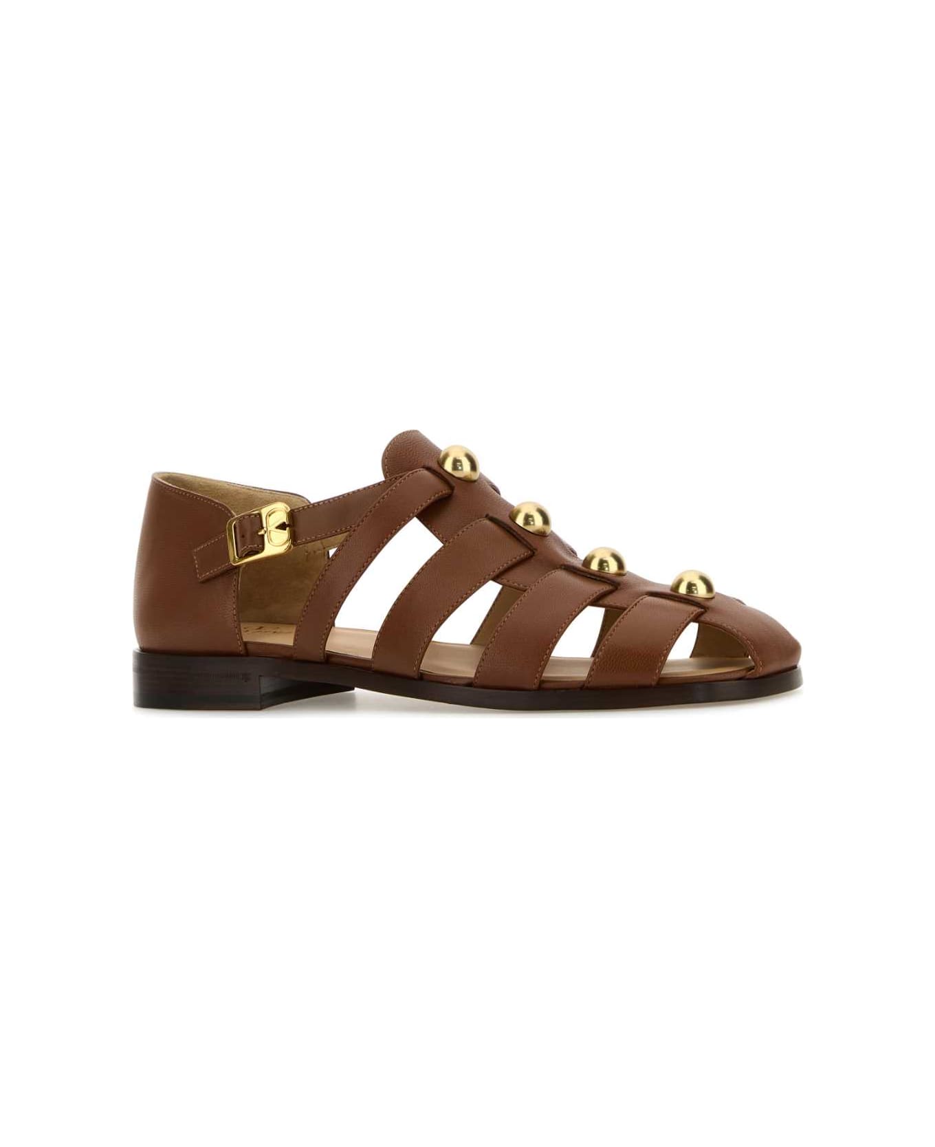 Valentino Garavani Brown Leather Studshield Sandals - TOBACCO