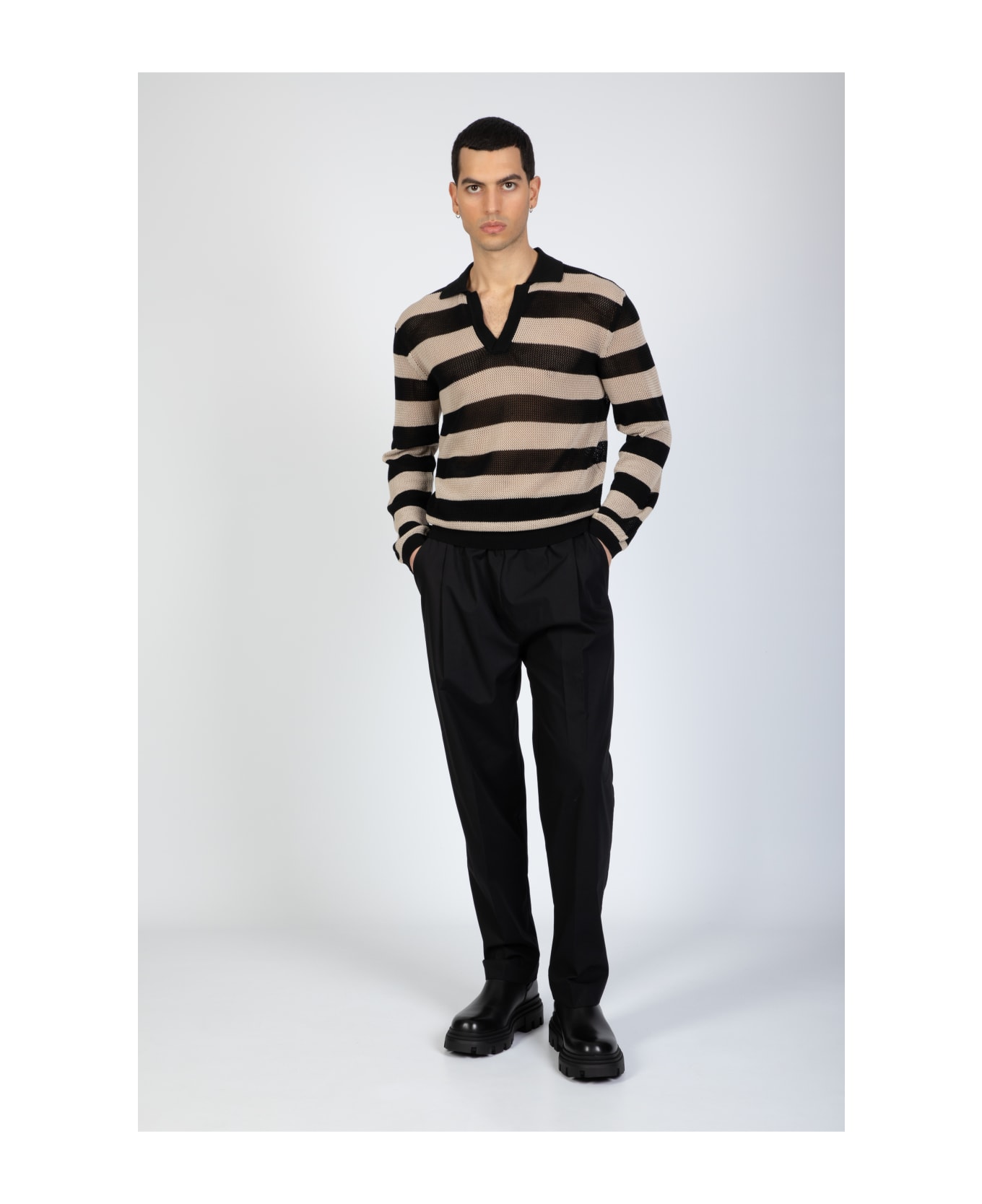Laneus Mesh Polo Shirt Long Sleeves Man Beige and black striped mesh knitted polo shirt - Mesh polo shirt - Nero/beige