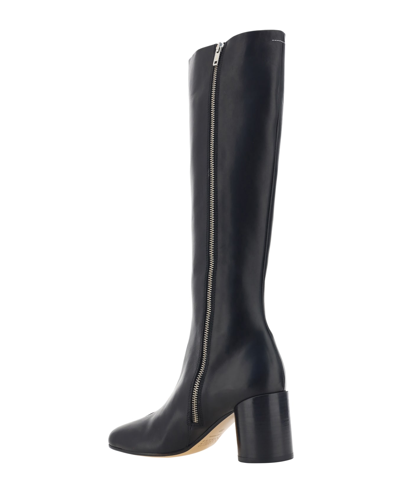 MM6 Maison Margiela Knee-high Black Leather Boots With Anatomic Toe And Upper Stitching - Black