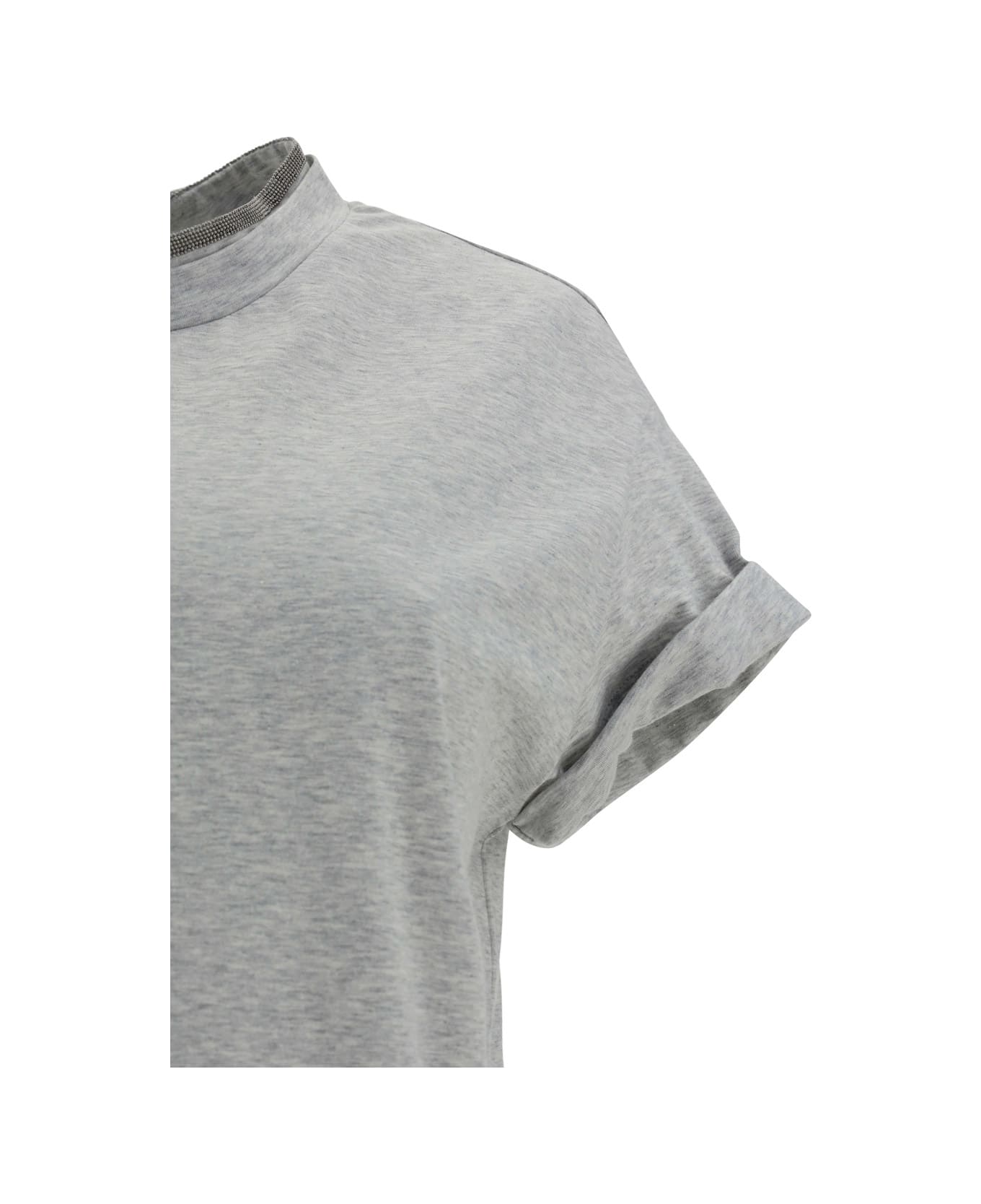 Brunello Cucinelli Short-sleeved T-shirt In Elasticized Stretch Cotton With A Crew Neck Edged With Jewels - Silver
