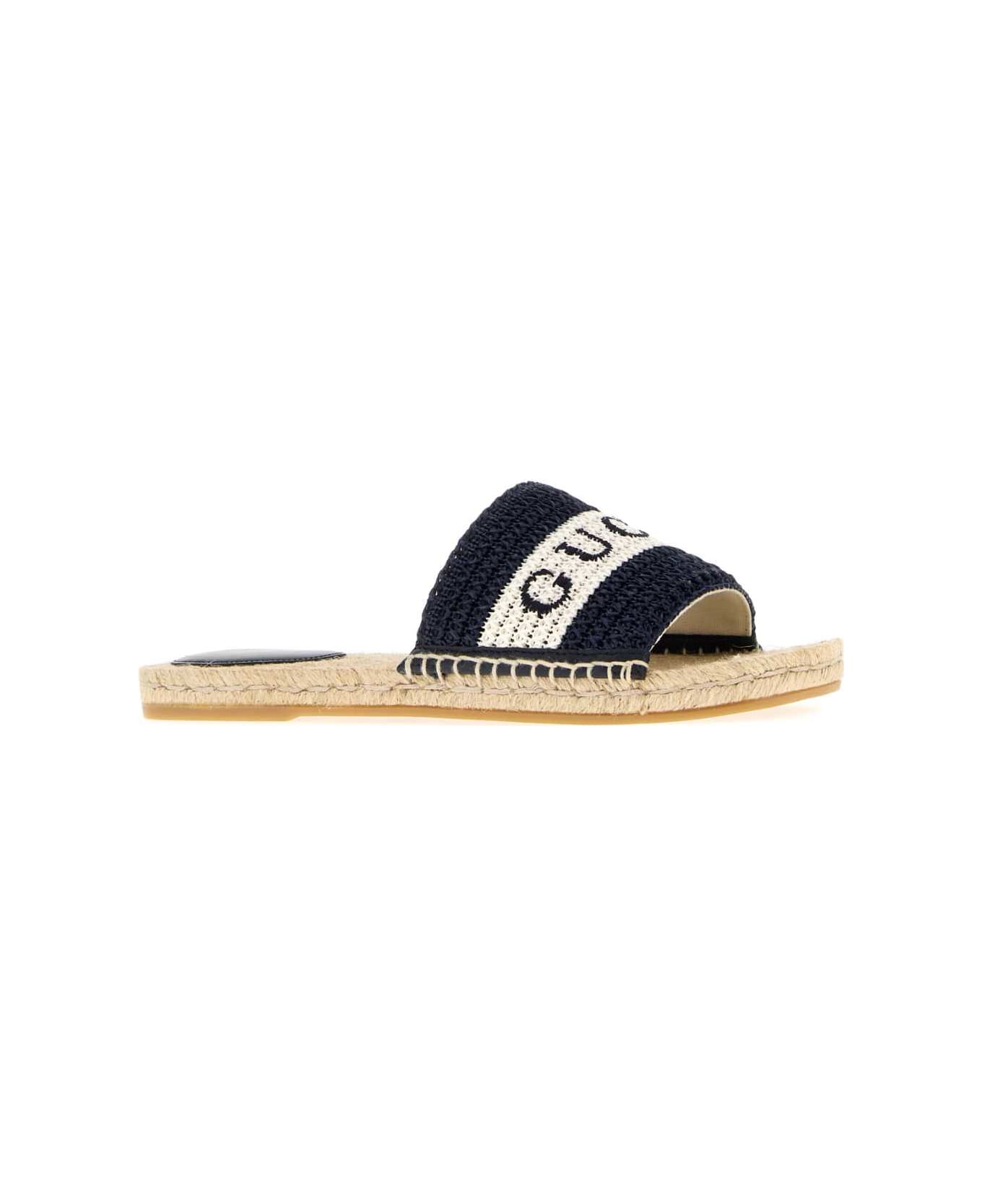 Gucci Dark Blue Raffia Slippers - BLUEGREATWHITEBLU