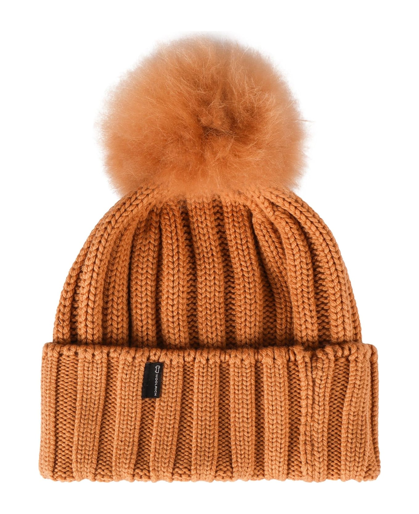 Woolrich Logo Patch Pompom Detailed Beanie - Soft Camel