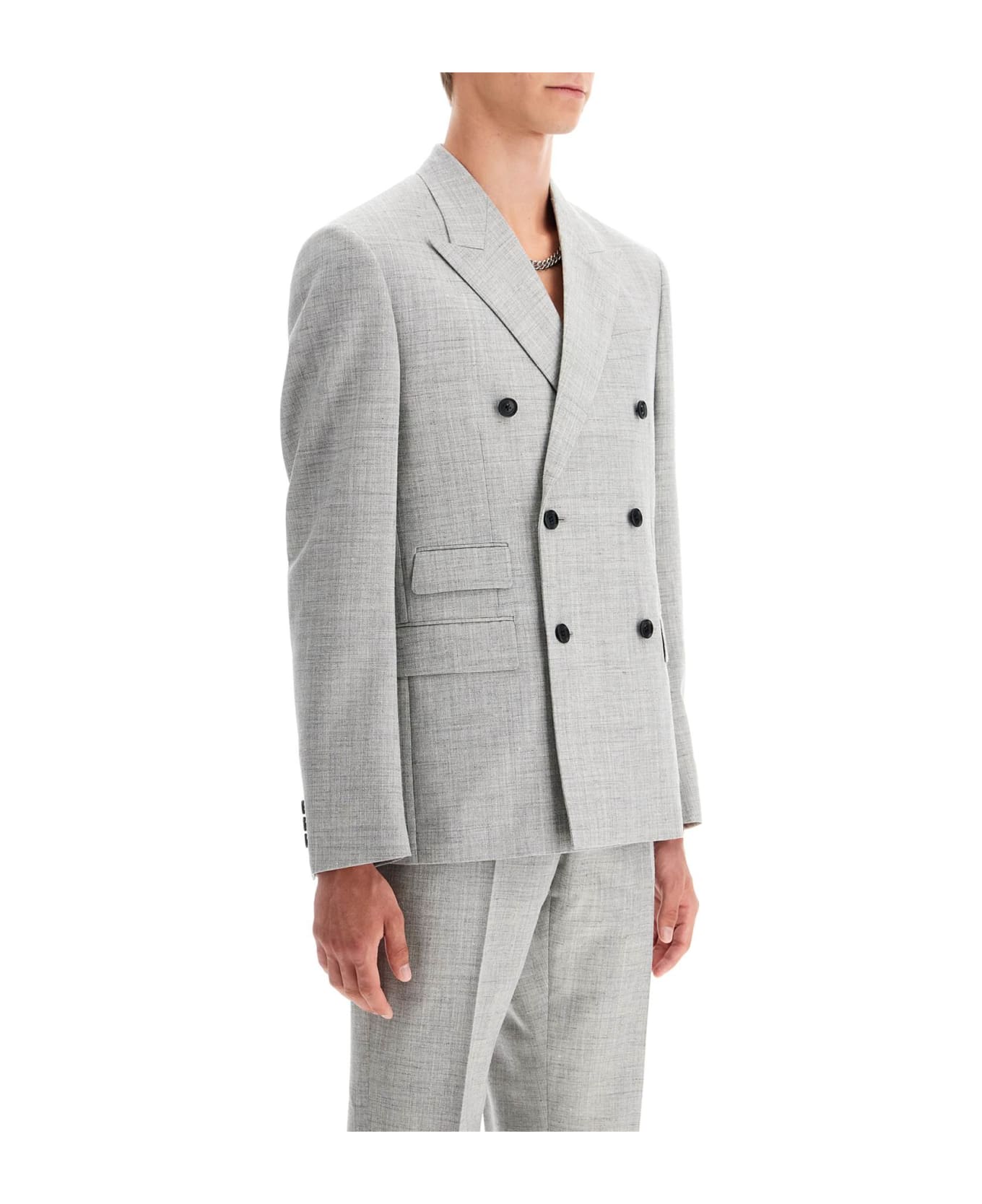 Versace Double-breasted Wool Blend Blazer - CONCRETE MELANGE (Grey)