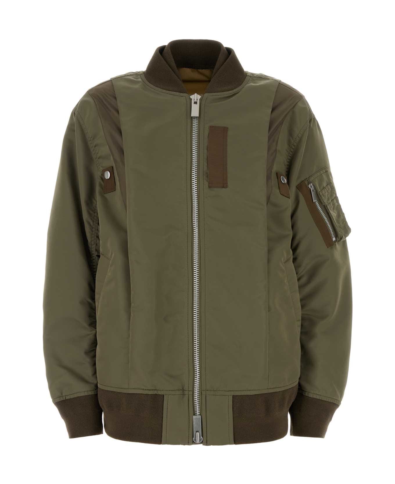 Sacai Army Green Nylon Bomber Jacket - BEIGE