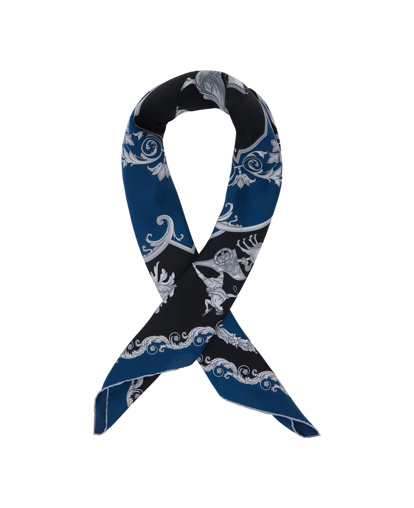 Versace Blue Scarf With Geometric All-over Motif In Silk Man - Blu