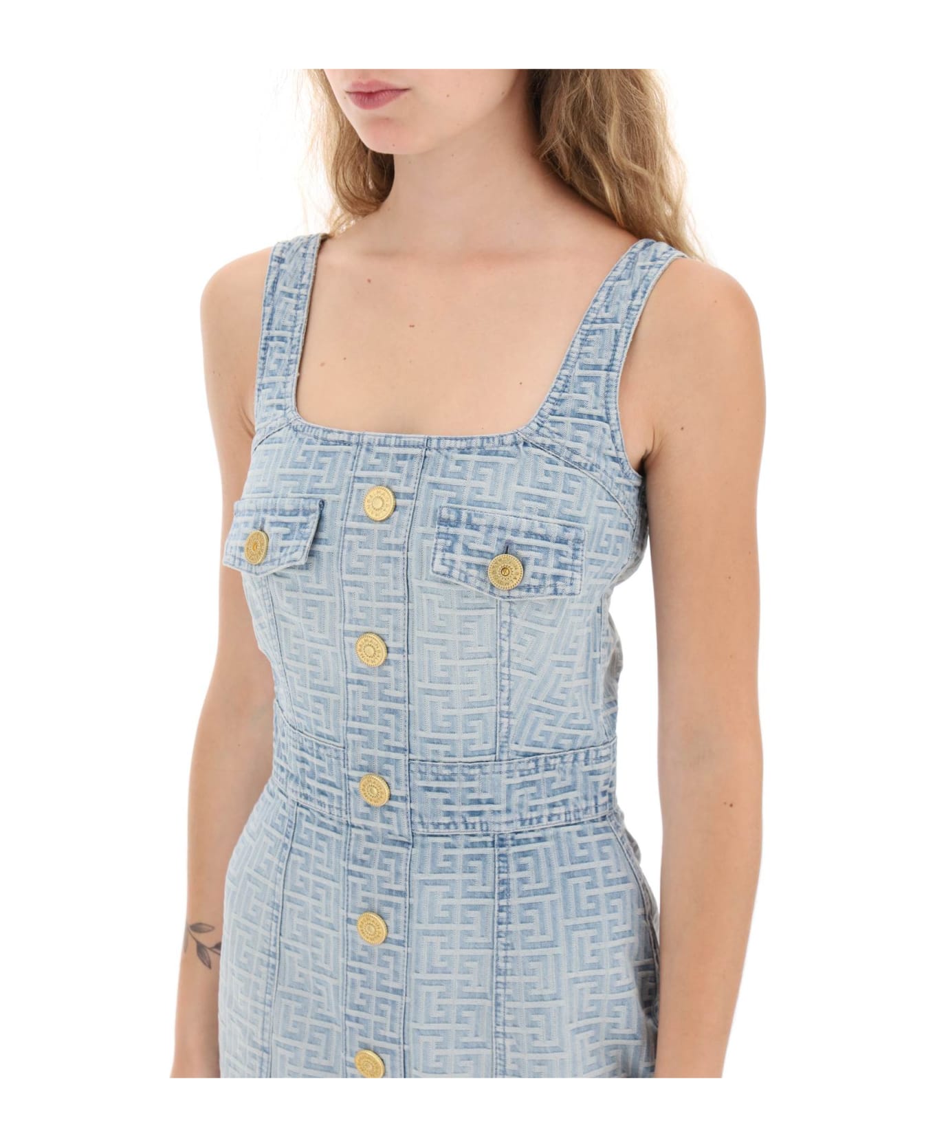 Balmain Monogrammed Denim Dress - Blue