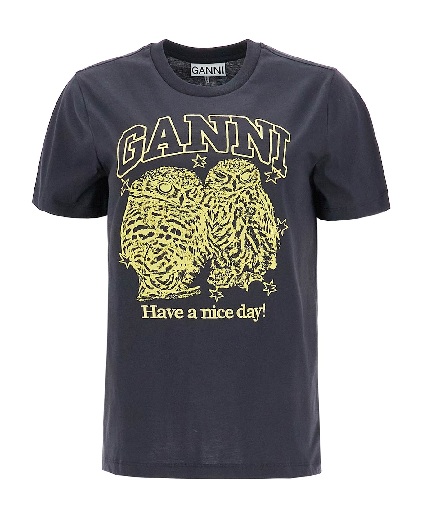 Ganni Owls Print Logo T-shirt - PHANTOM (Black)