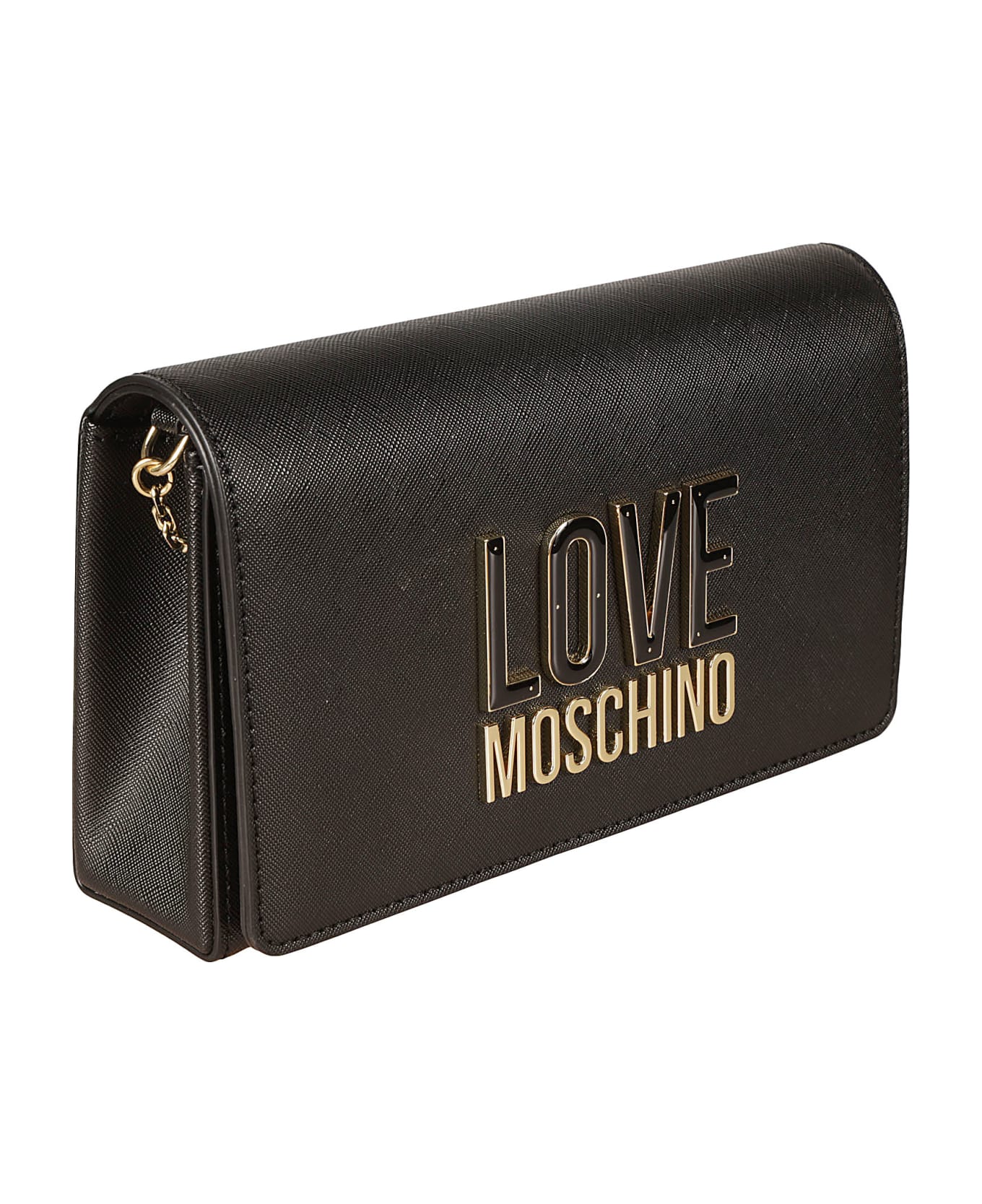 Love Moschino Logo Embossed Flap Shoulder Bag - Black