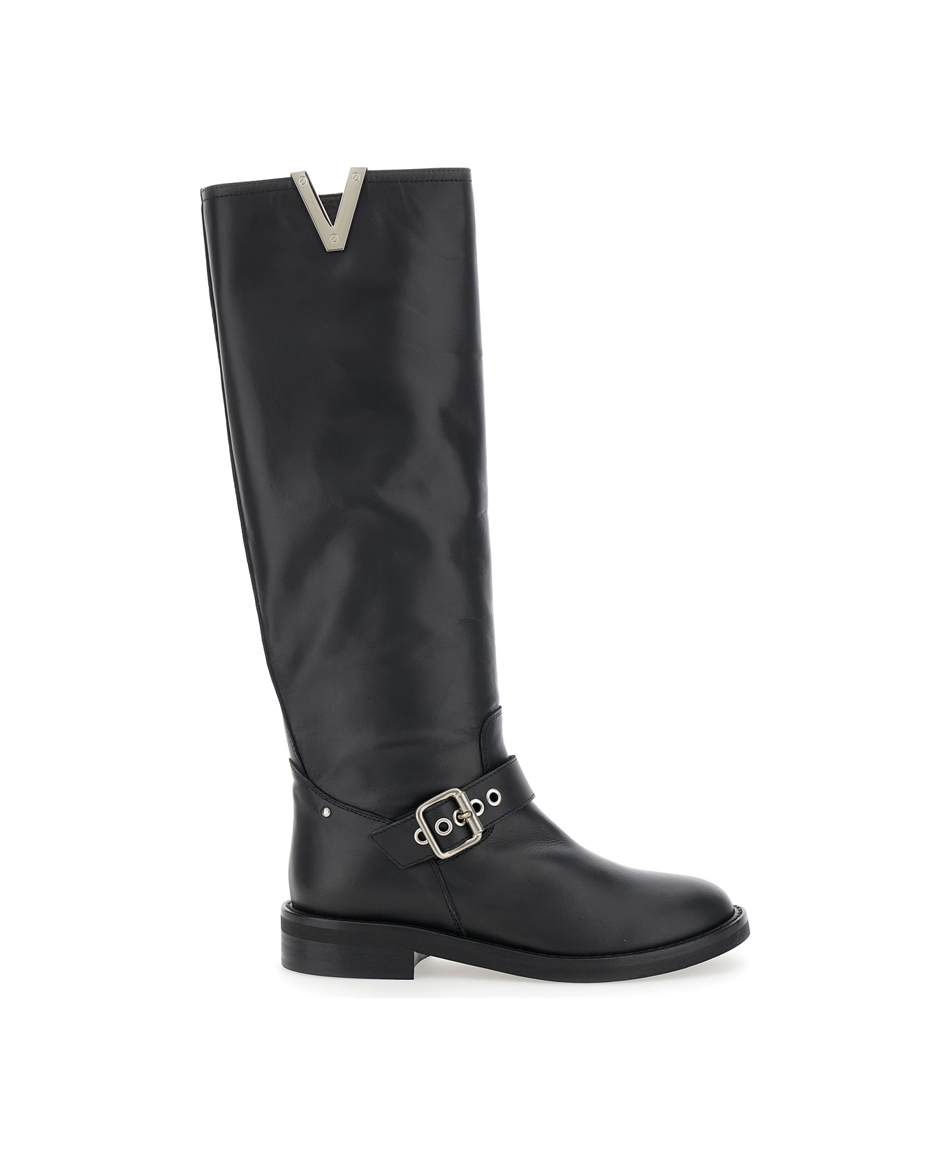 Via Roma 15 Black Knee Boots With V-lateral Detailing In Leather Woman - Black