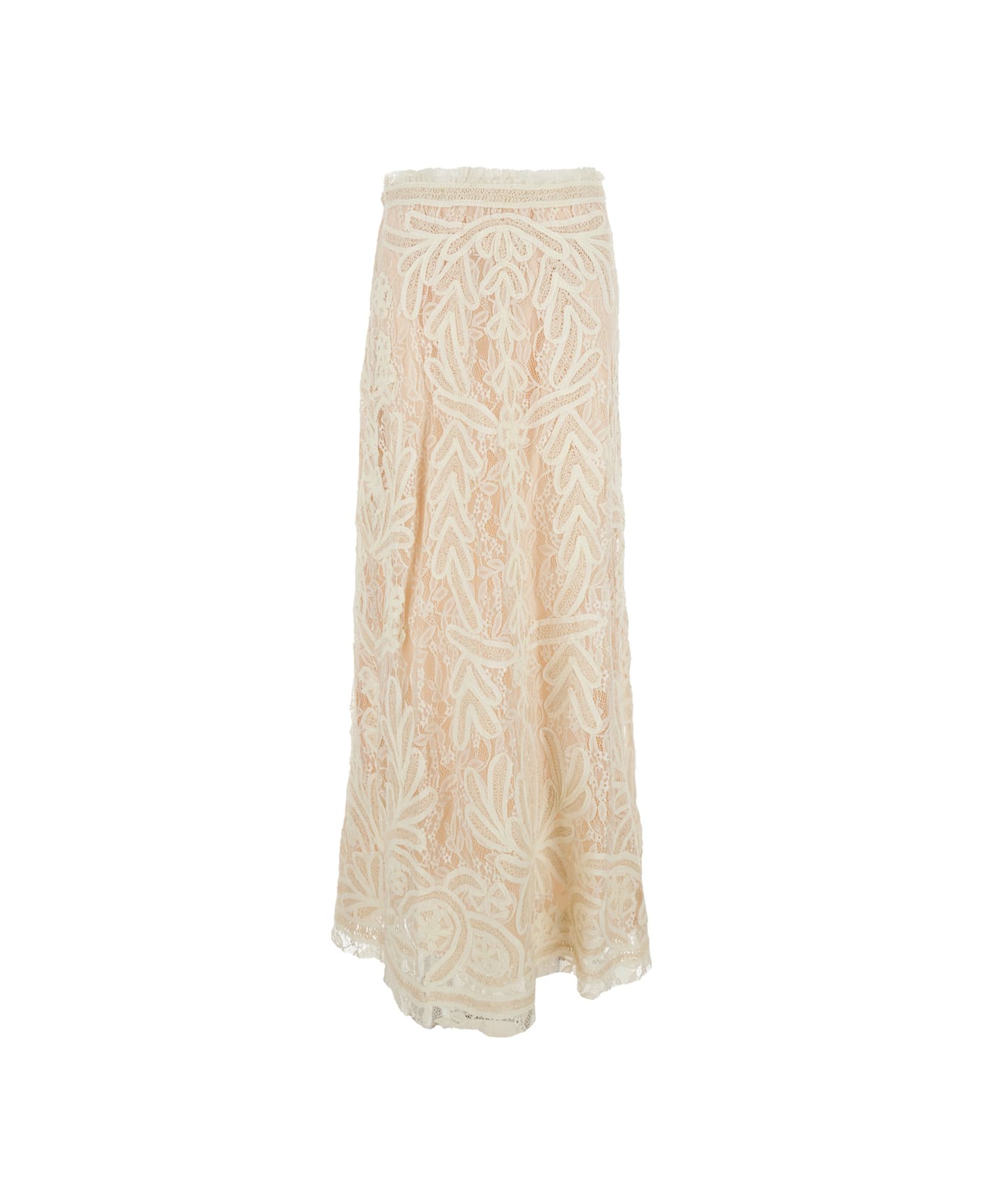Parosh Beige Long Skirt With All-over Lace Embroidery In Tech Fabric Woman - Beige