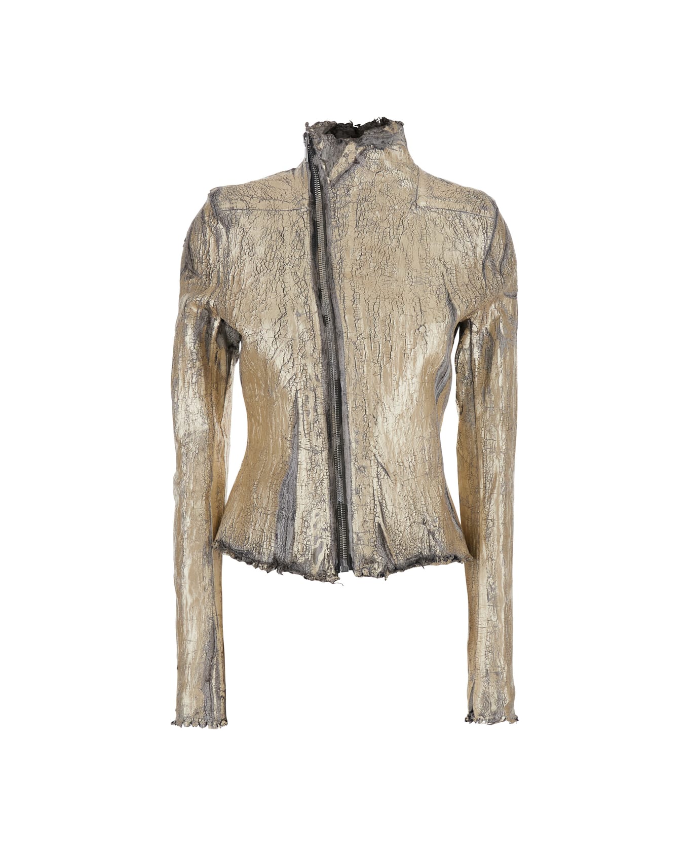 Rick Owens 'gary' Metallic Jacket With Asymmetric Zip Closure And Distressed Effect In Leather And Cotton Blend Woman - Metallic