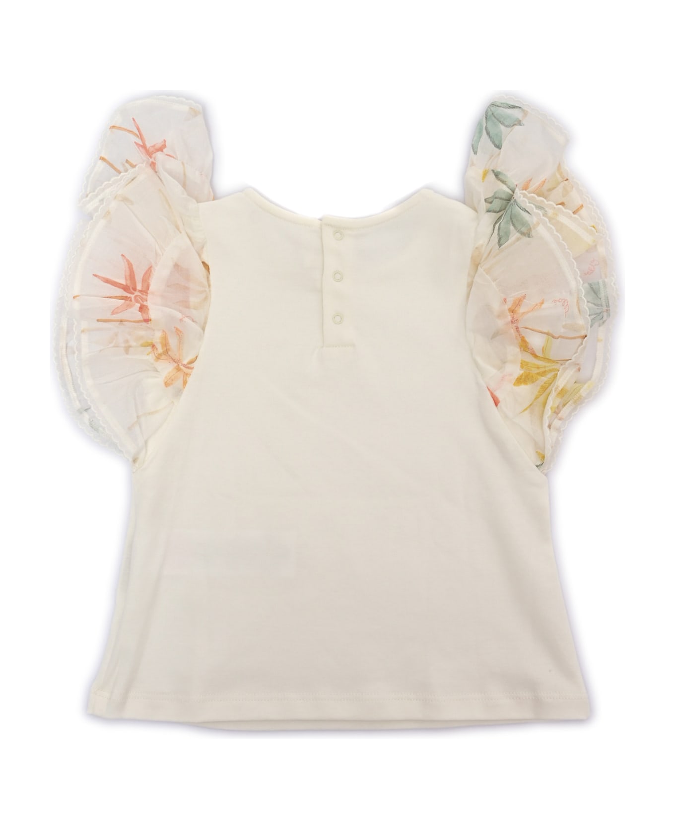 Chloé Short Sleeves Top In 100% Organic Cotton Interlock. Ruffles In 100% Organic Cotton Veil With Palm Grove" Seasonal Print. Tone On Tone Chlo Embroidery  - WHITE