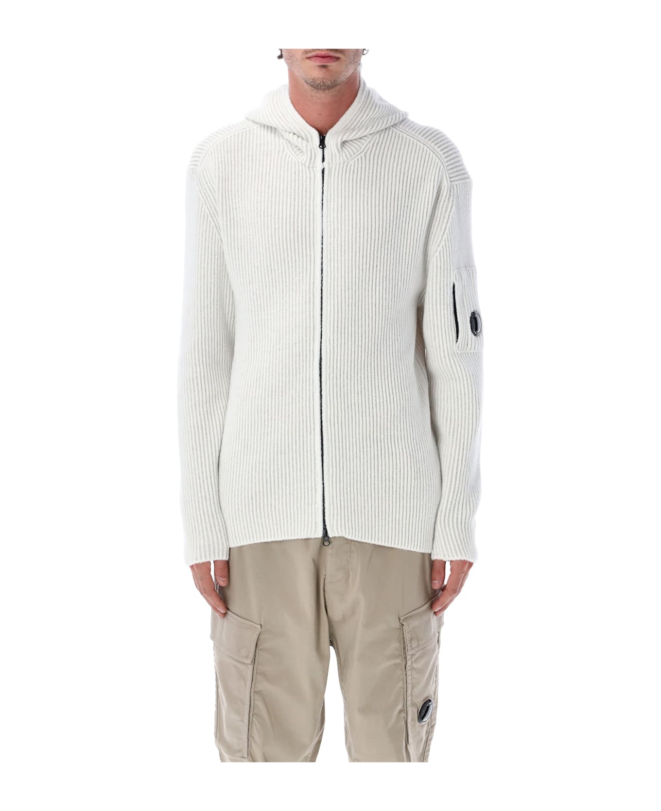 C.P. Company White Ribbed Knit Hooded Cardigan - WHITE MELANGE