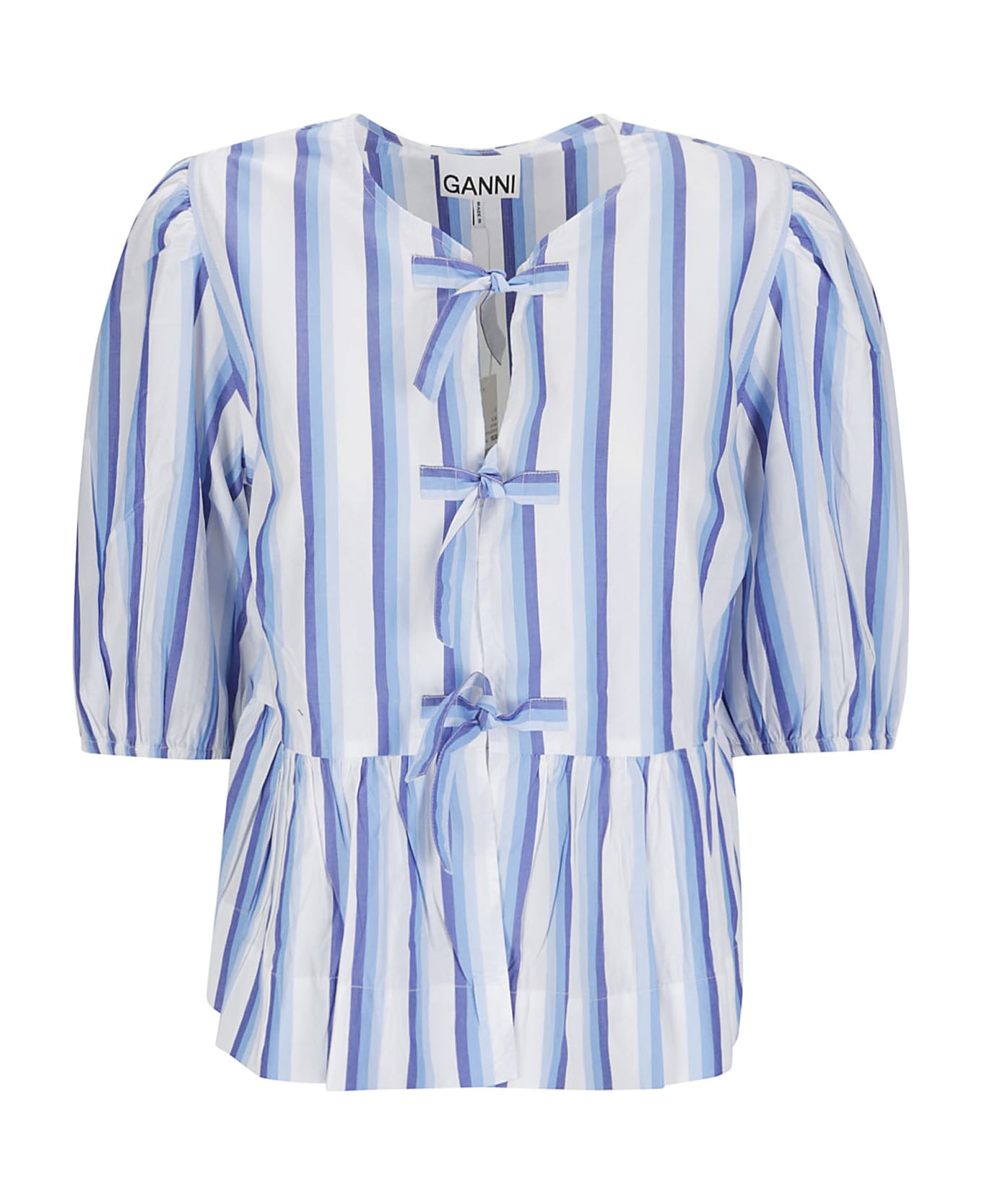 Ganni Stripe Cotton Peplum Puff Sleeve Blouse - SILVER LAKE BLUE