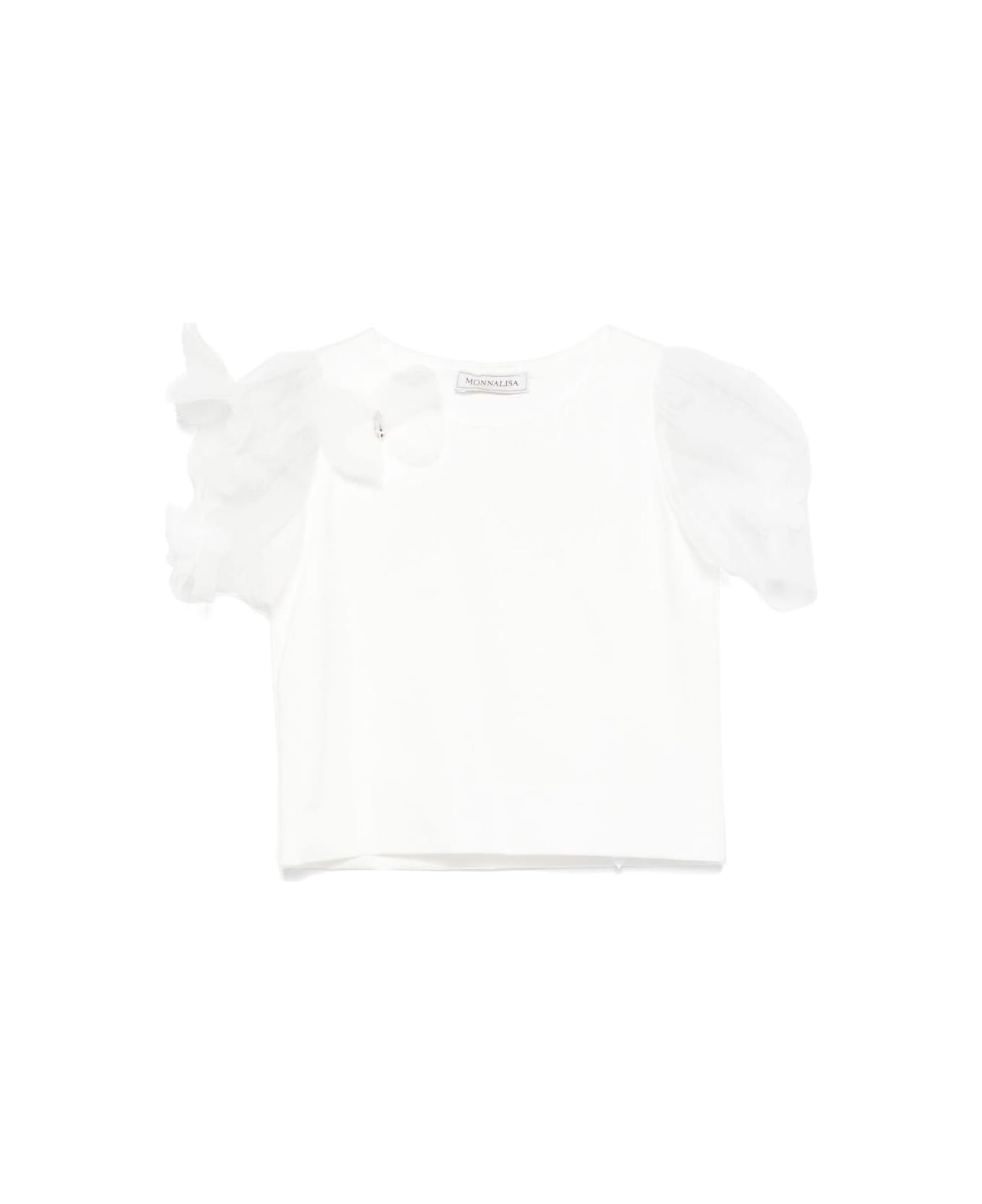 Monnalisa White Crew-neck T-shirt With Tulle Sleeves In Cotton Girl - White