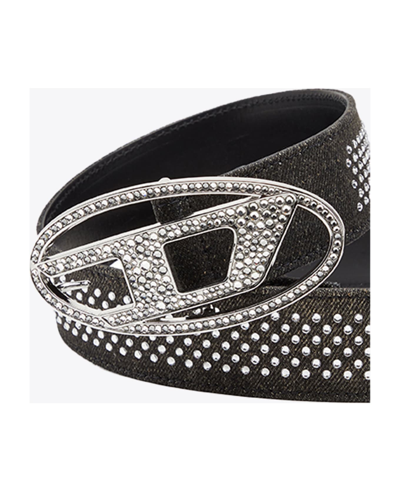 Diesel Oval D Logo B-1dr Strass Black denim and leather belt with crystals - B-1dr Strass - Denim nero name:456