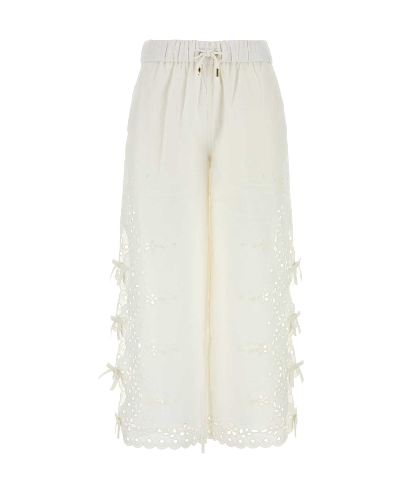 self-portrait White Linen Blend Pant - Cream