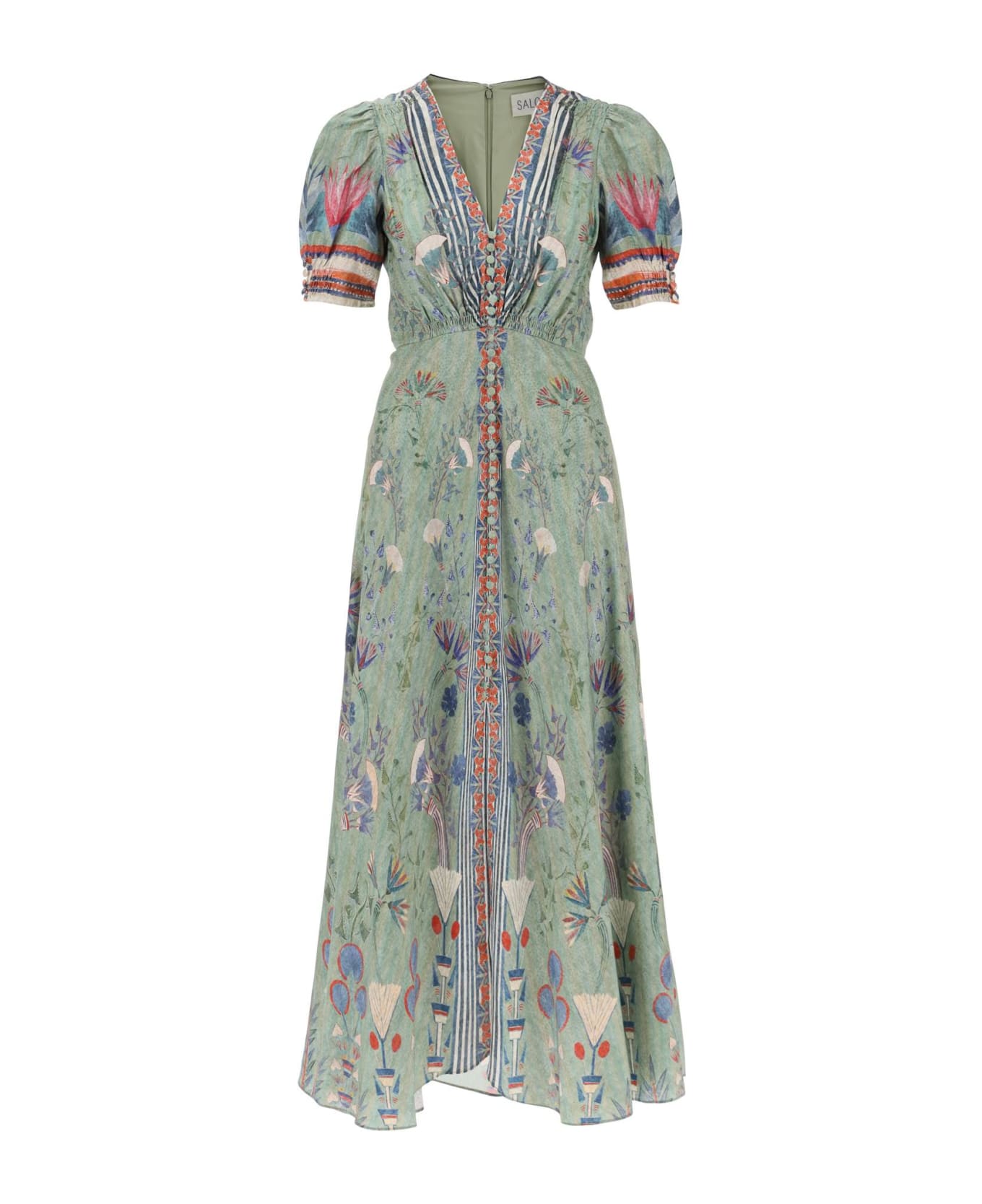 Saloni 'lea' Long Dress In Printed Silk - PAPYRUS BORDER PLMT (Green) ワンピース＆ドレス