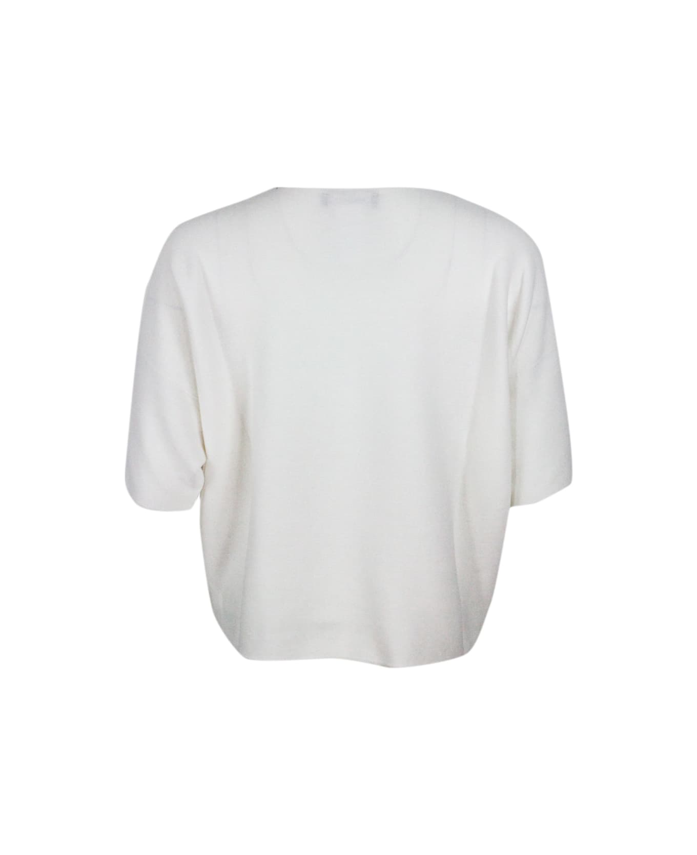 Fabiana Filippi Short-sleeved Cotton Shirt With Horizontal Workmanship With Boat Neckline Embellished With Rows Of Jewels On The Neck - White ニットウェア