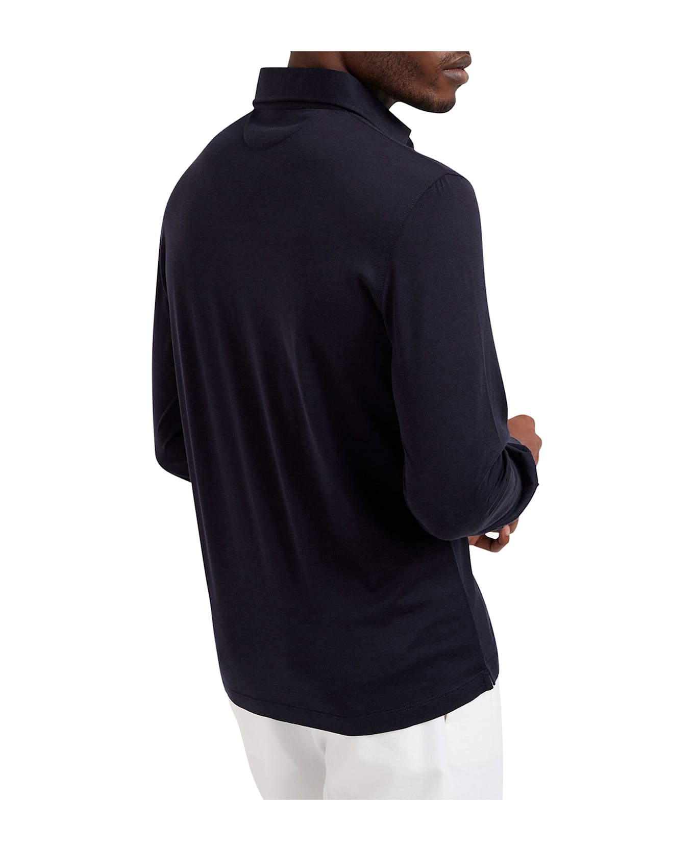 Brunello Cucinelli Long-sleeved Polo Shirt In Light Silk And Cotton Jersey With Shirt Collar - BLUE